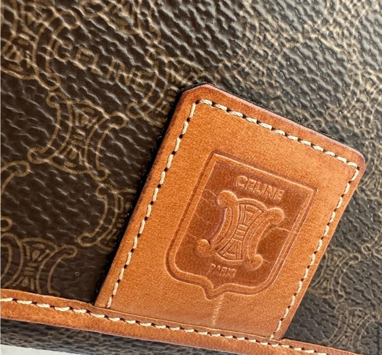 CELINE Triomphe Vintage Brown Macadam Long Bifold Leather Wallet on strap