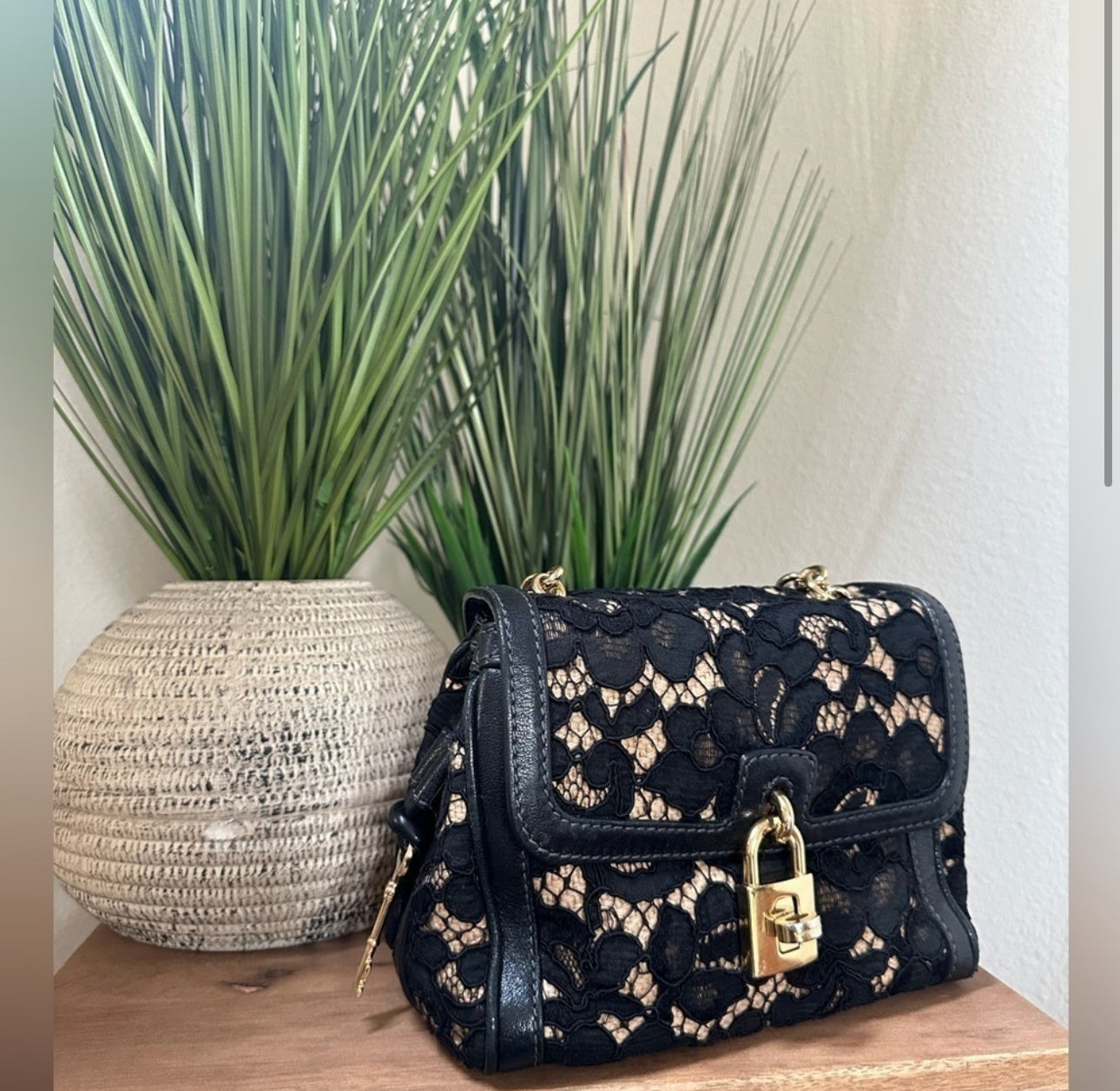 Dolce & Gabbana Black/Beige Lace and Leather Miss Dolce Top Handle Bag SMALL