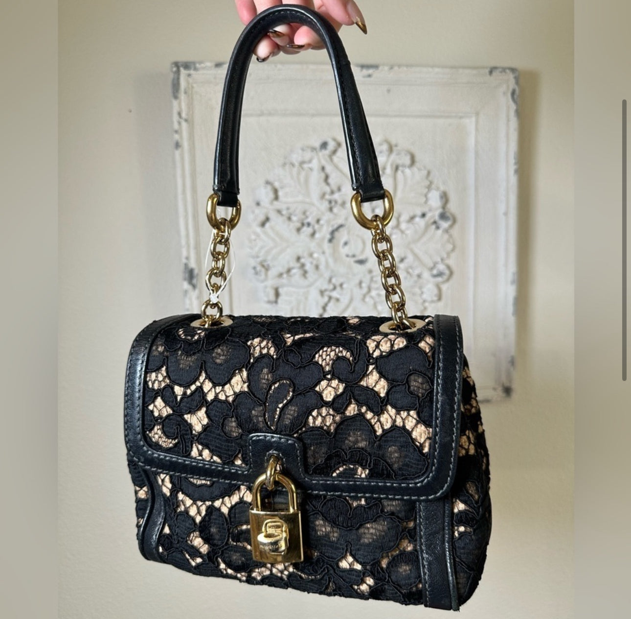 Dolce & Gabbana Black/Beige Lace and Leather Miss Dolce Top Handle Bag SMALL