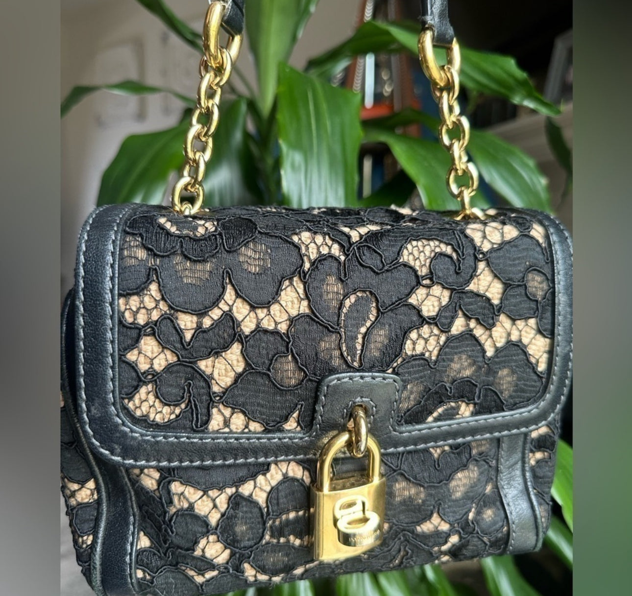 Dolce & Gabbana Black/Beige Lace and Leather Miss Dolce Top Handle Bag SMALL