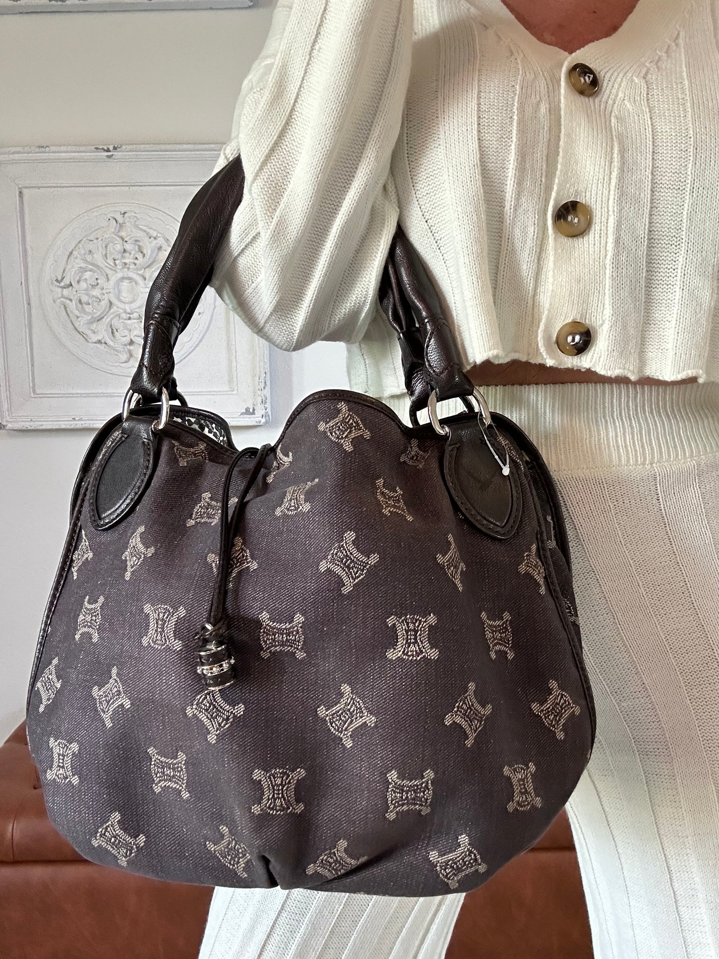 Celine Handbag Macadam Bittersweet Canvas Leather Navy Ladies CELINE