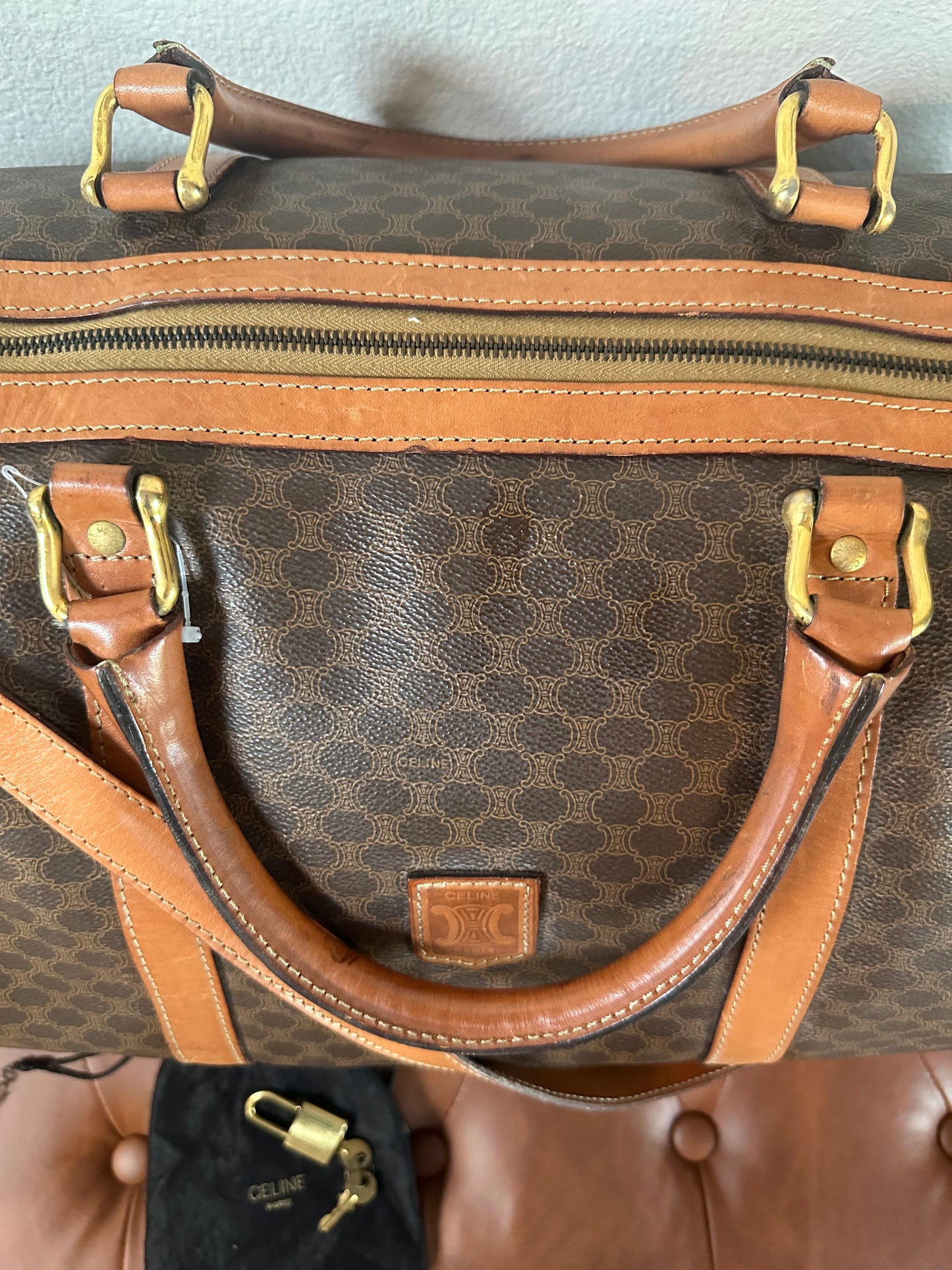 Celine Vintage Large Duffle Bag with strap, lock and key