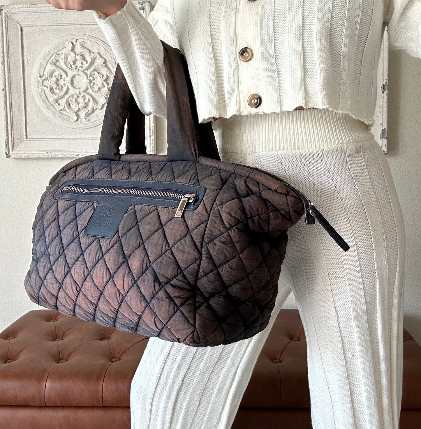 CHANEL Cococoon puffy Quilted Tote Bag Handbag Boston Nylon Leather