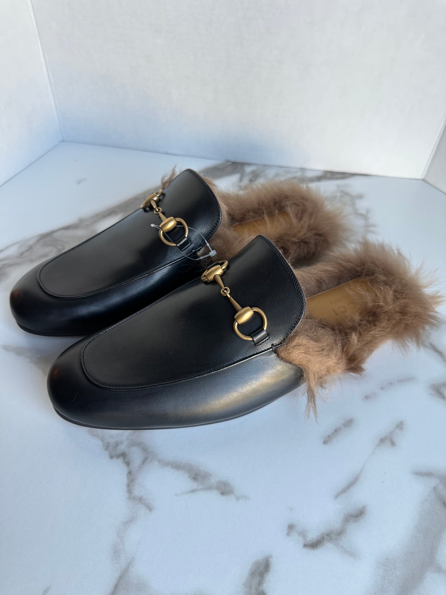 Gucci Princetown Black Leather Fur Loafer Slide Slip On Mule Slipper Flat 9