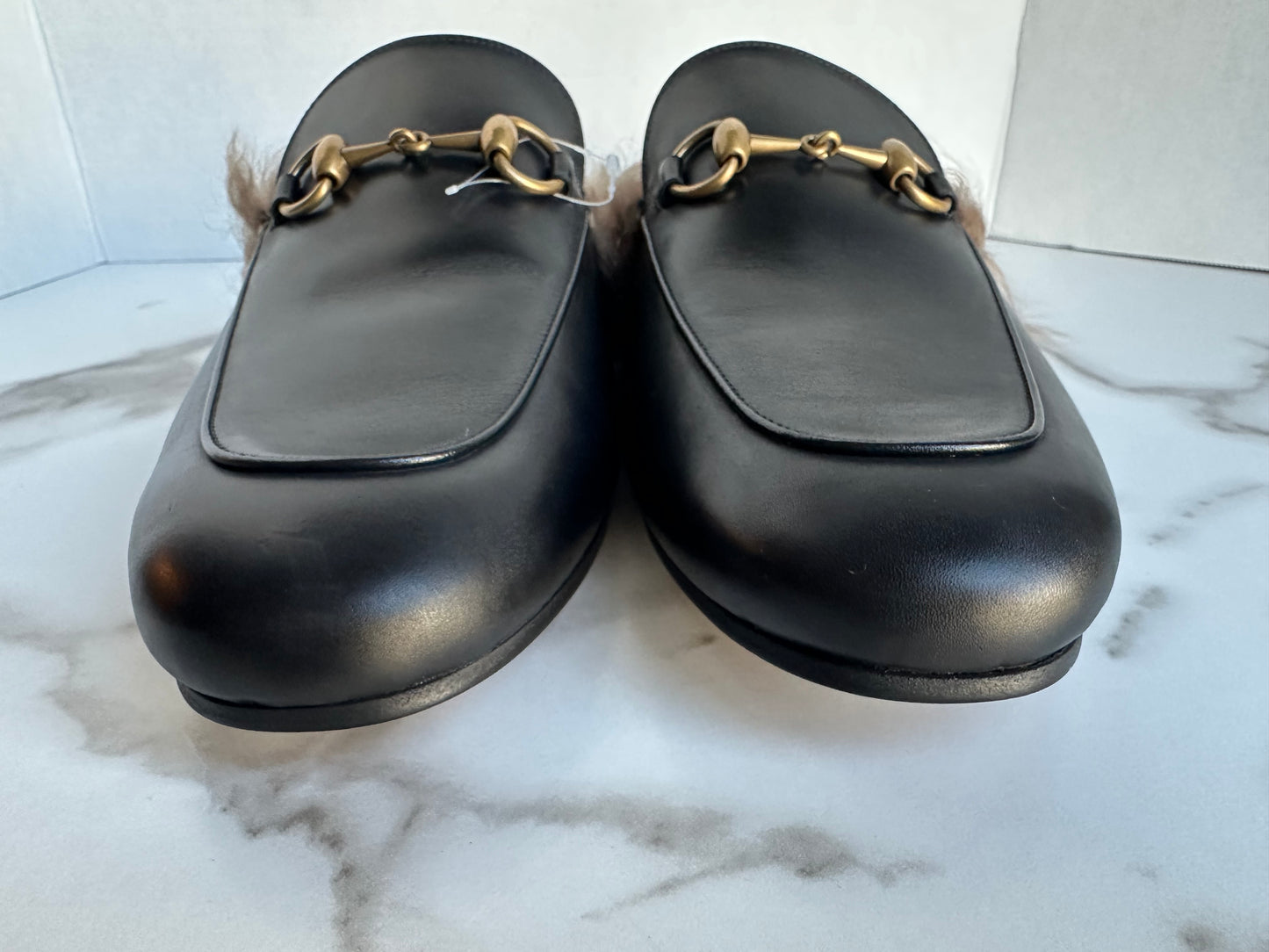 Gucci Princetown Black Leather Fur Loafer Slide Slip On Mule Slipper Flat 9