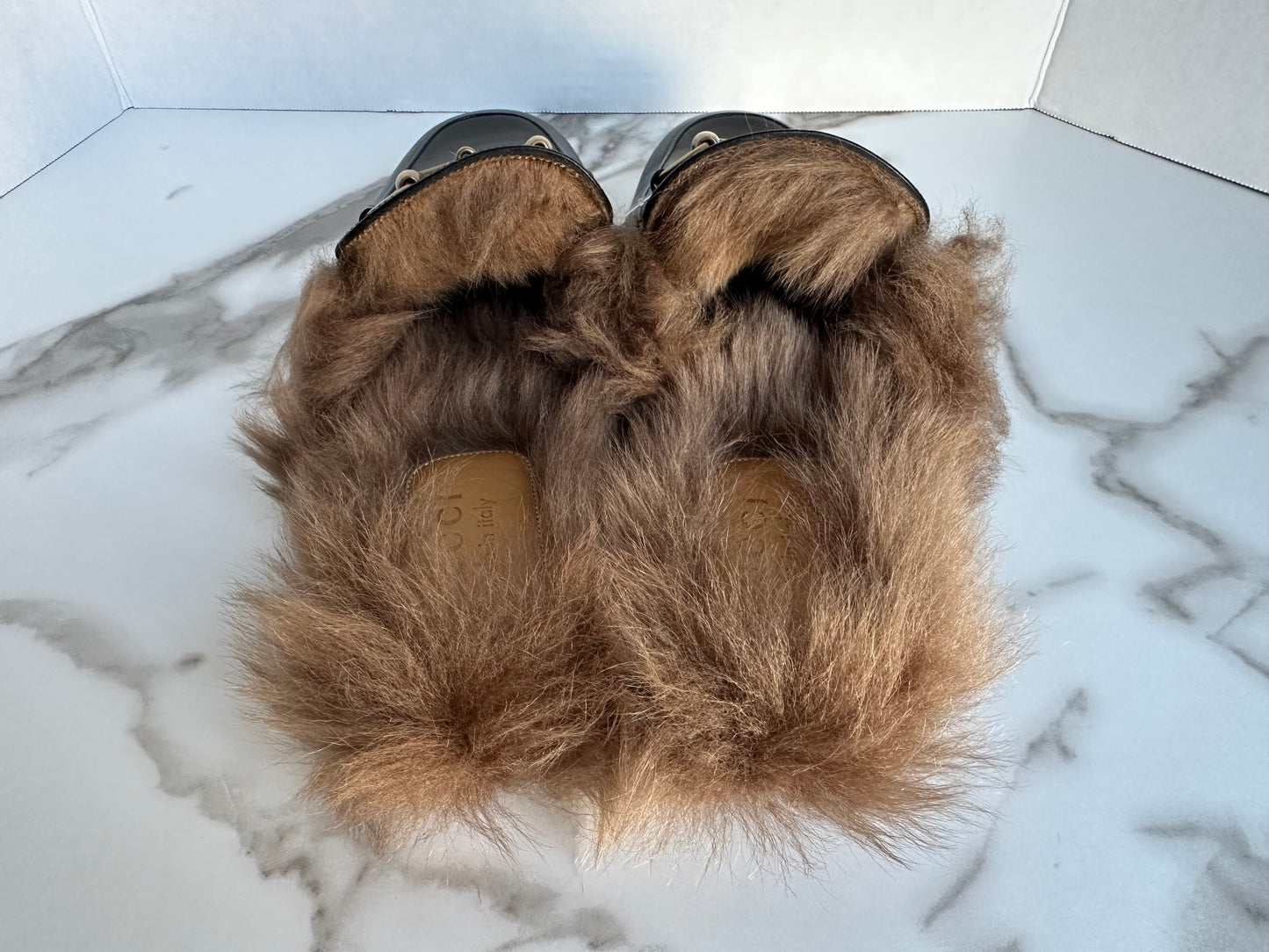 Gucci Princetown Black Leather Fur Loafer Slide Slip On Mule Slipper Flat 9