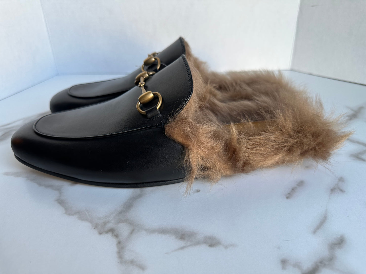 Gucci Princetown Black Leather Fur Loafer Slide Slip On Mule Slipper Flat 9
