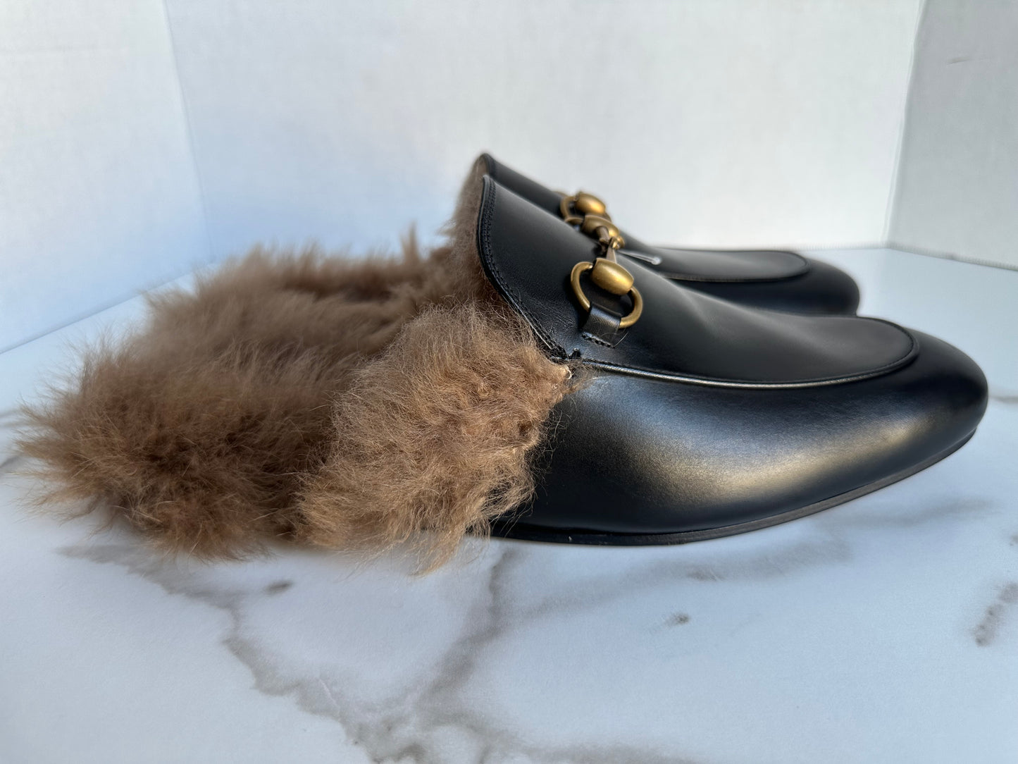Gucci Princetown Black Leather Fur Loafer Slide Slip On Mule Slipper Flat 9