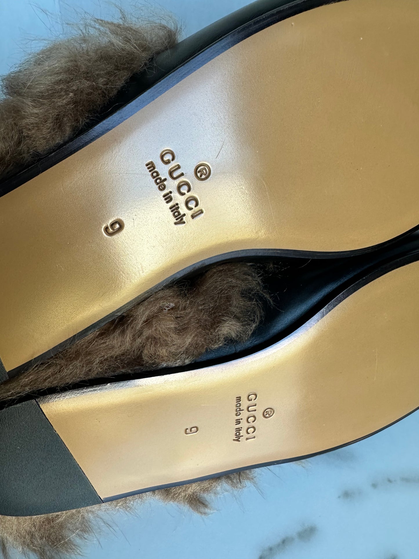 Gucci Princetown Black Leather Fur Loafer Slide Slip On Mule Slipper Flat 9