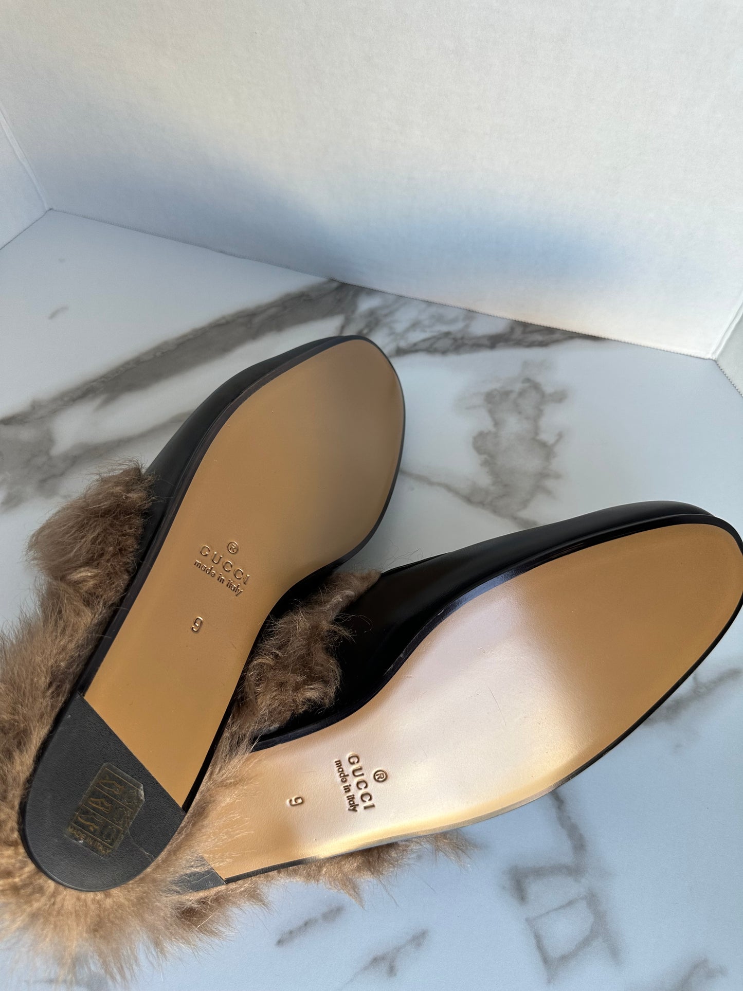 Gucci Princetown Black Leather Fur Loafer Slide Slip On Mule Slipper Flat 9
