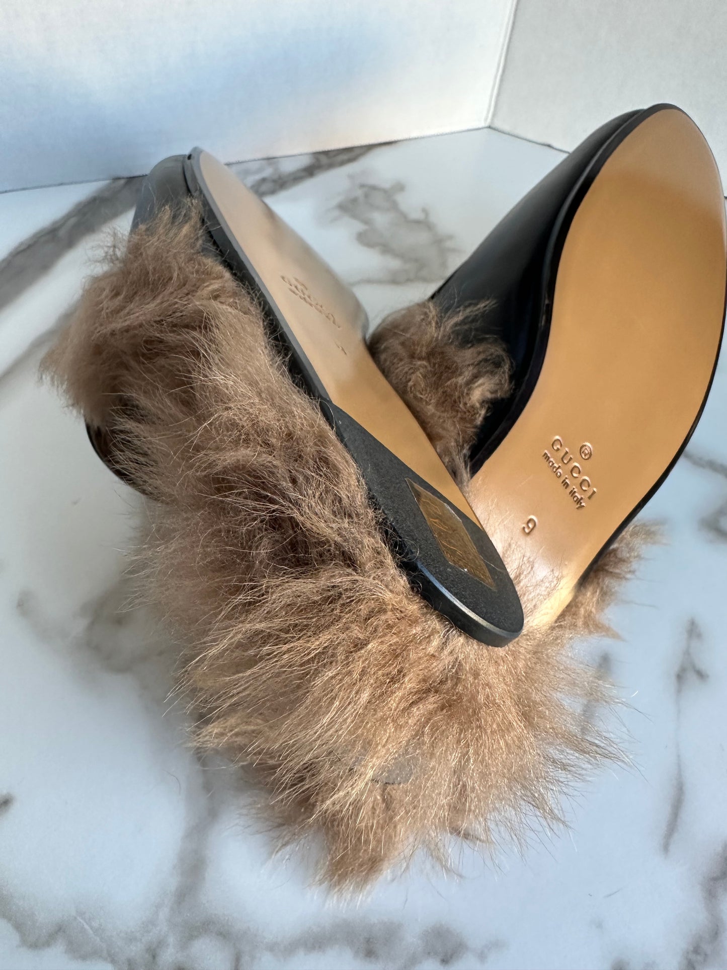 Gucci Princetown Black Leather Fur Loafer Slide Slip On Mule Slipper Flat 9