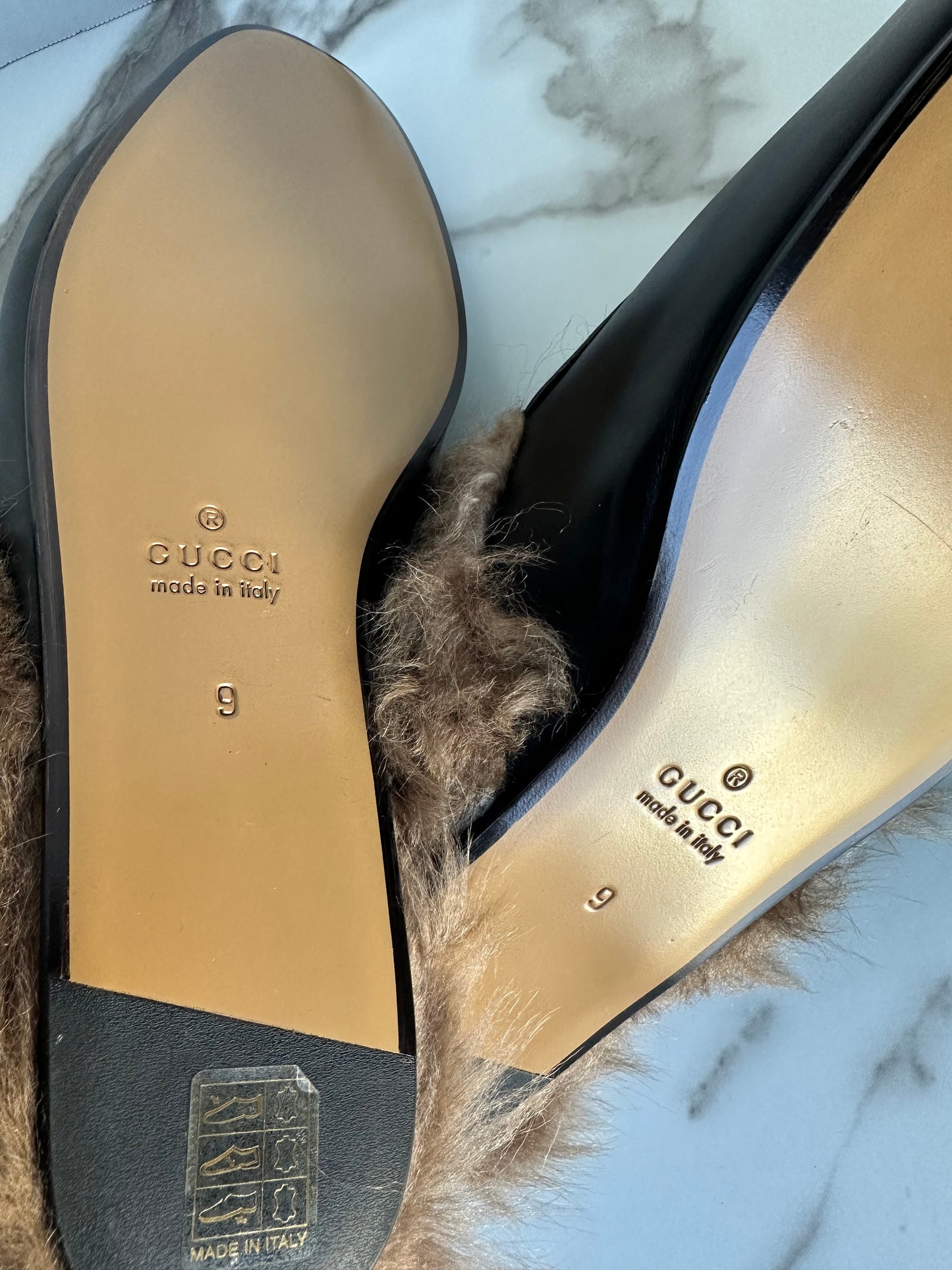 Gucci Princetown Black Leather Fur Loafer Slide Slip On Mule Slipper Flat 9