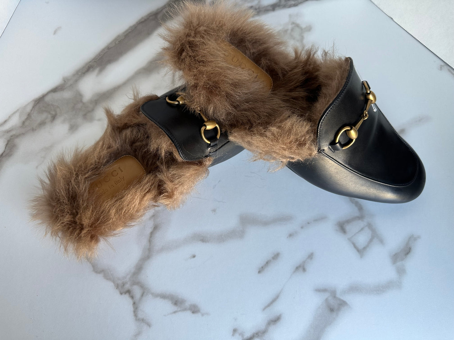 Gucci Princetown Black Leather Fur Loafer Slide Slip On Mule Slipper Flat 9