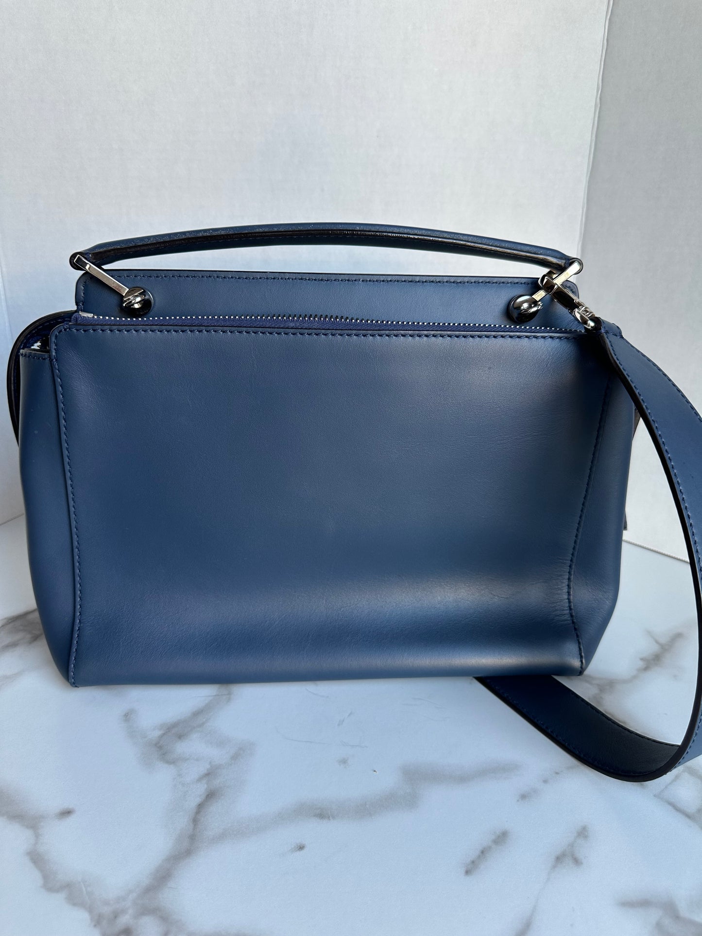 Fendi Dotcom Medium Flower Studded Denim Blue Satchel