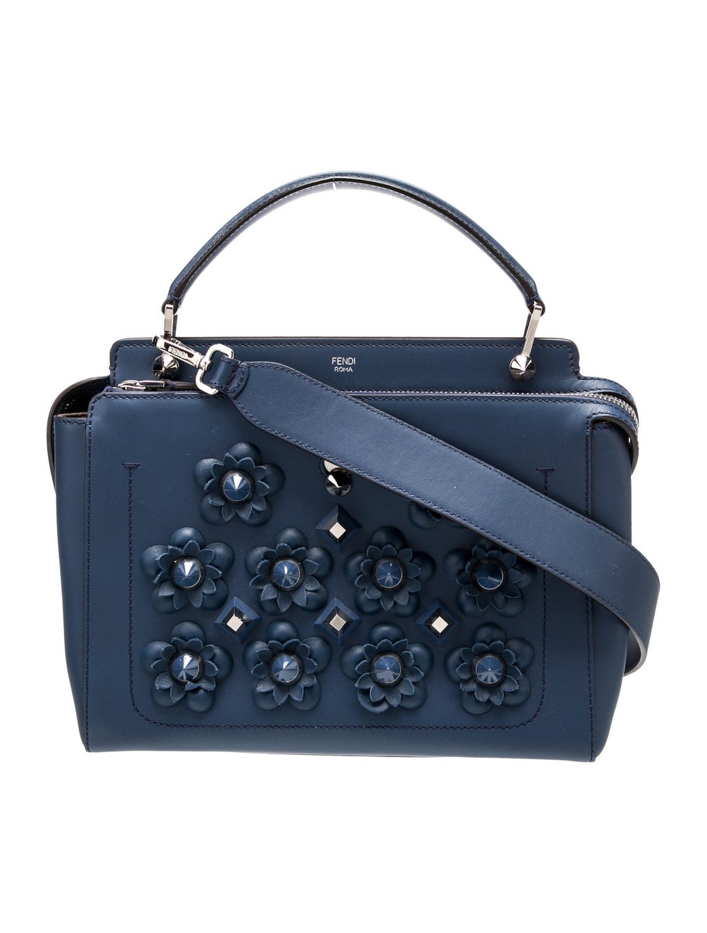 Fendi Dotcom Medium Flower Studded Denim Blue Satchel