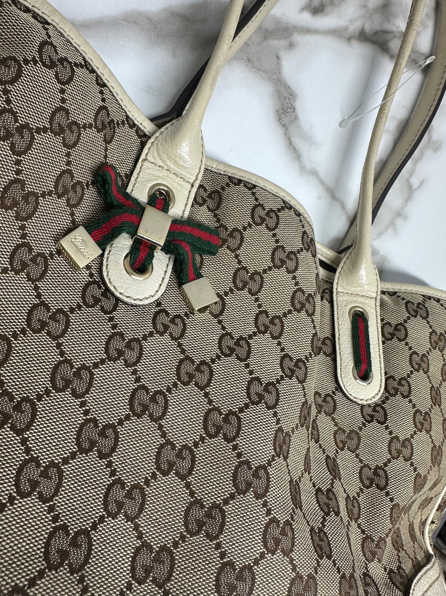 Gucci Princy Web Sherry Line Canvas Leather Tote