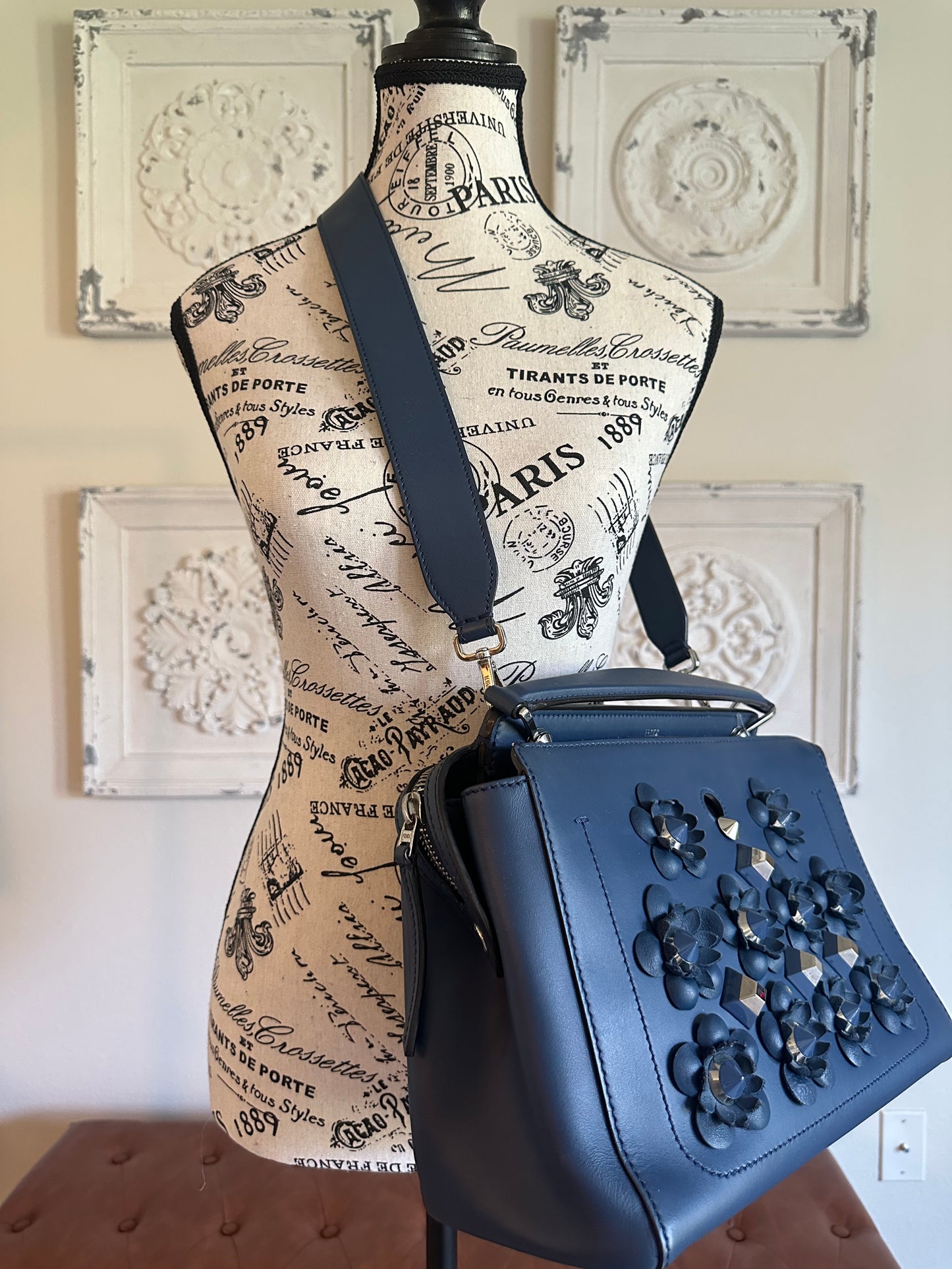 Fendi Dotcom Medium Flower Studded Denim Blue Satchel