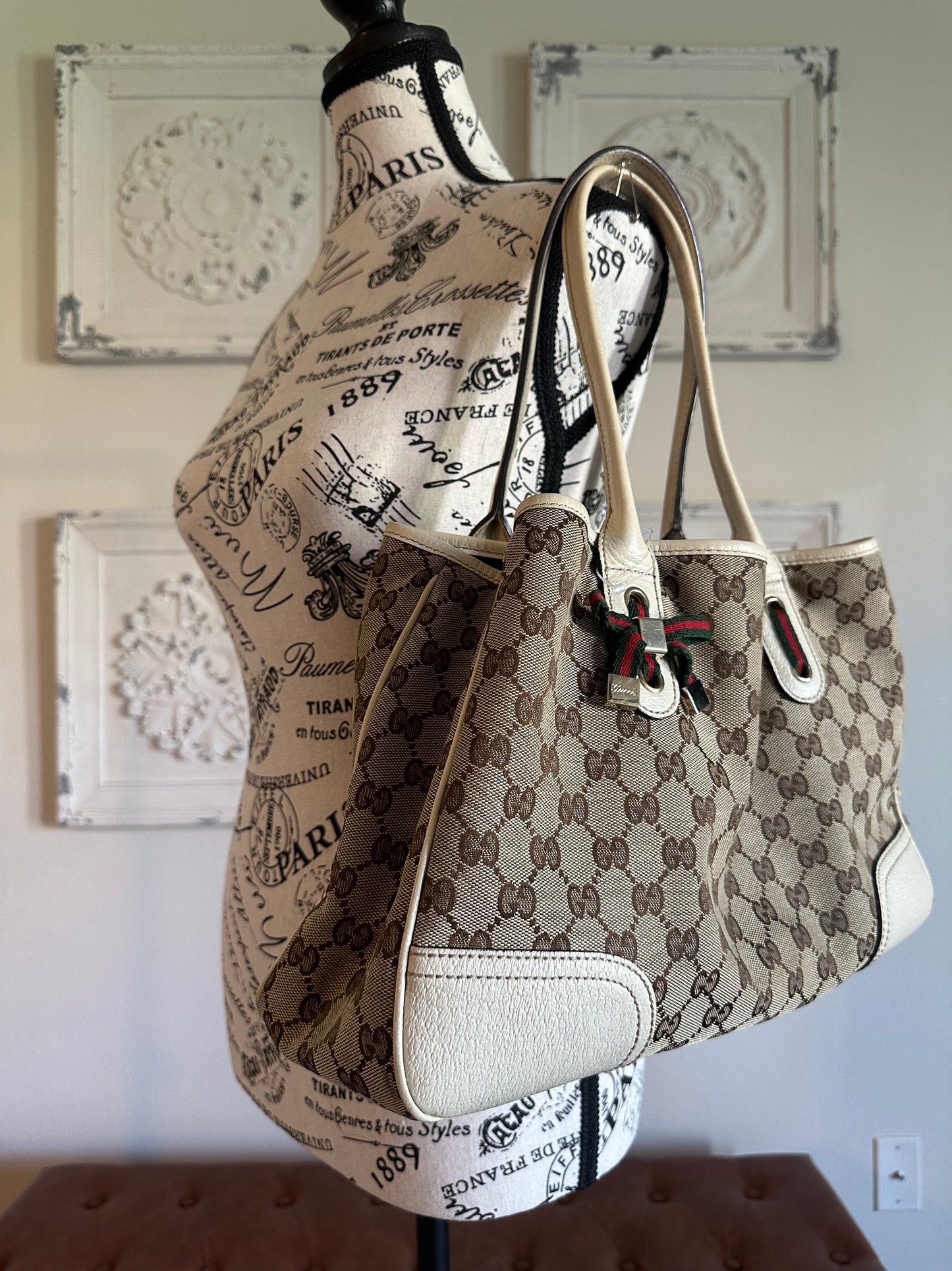 Gucci Princy Web Sherry Line Canvas Leather Tote