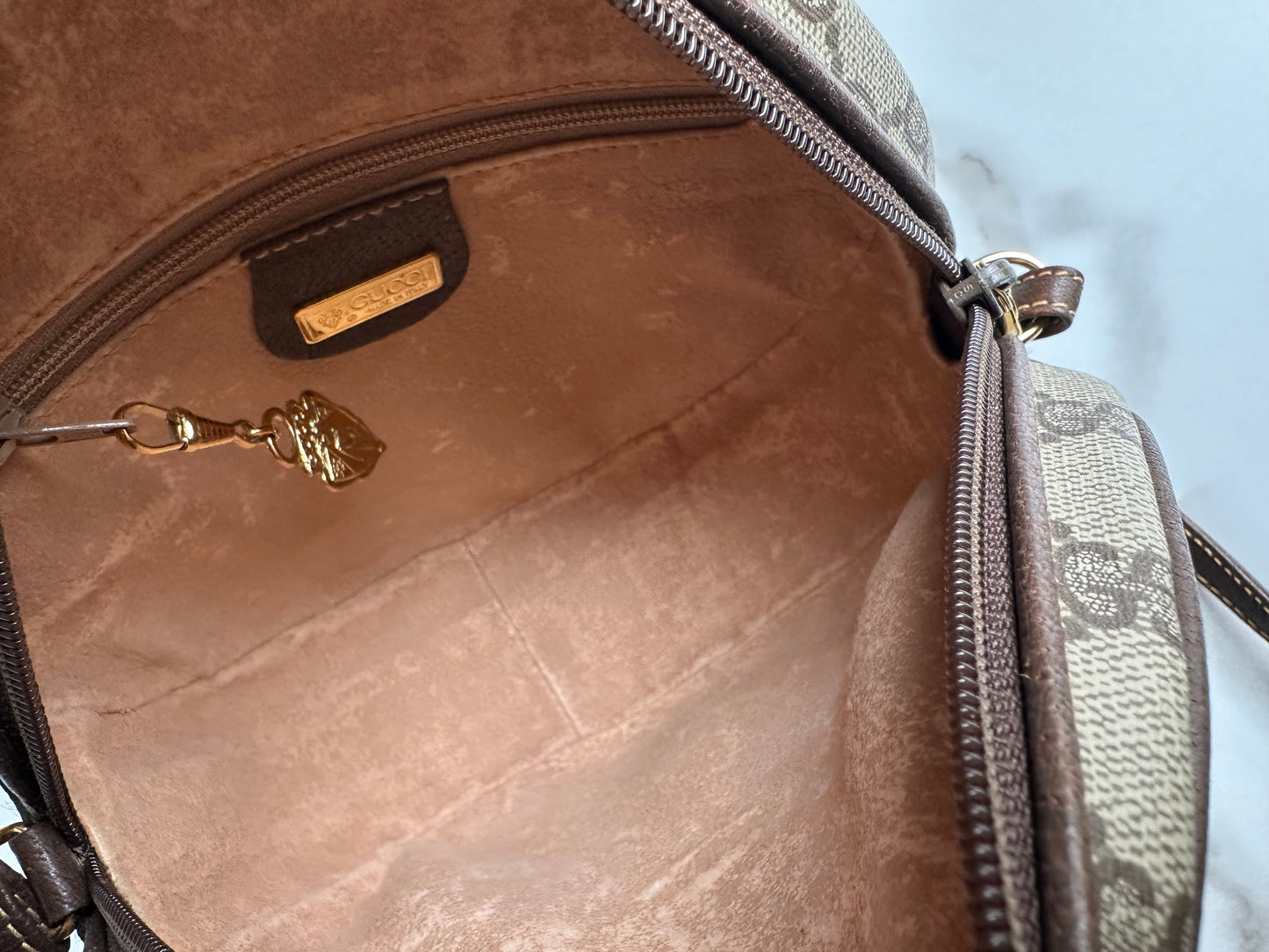 Available Gucci round Ophidia Monogram Canvas Canteen Bag Classic Brown