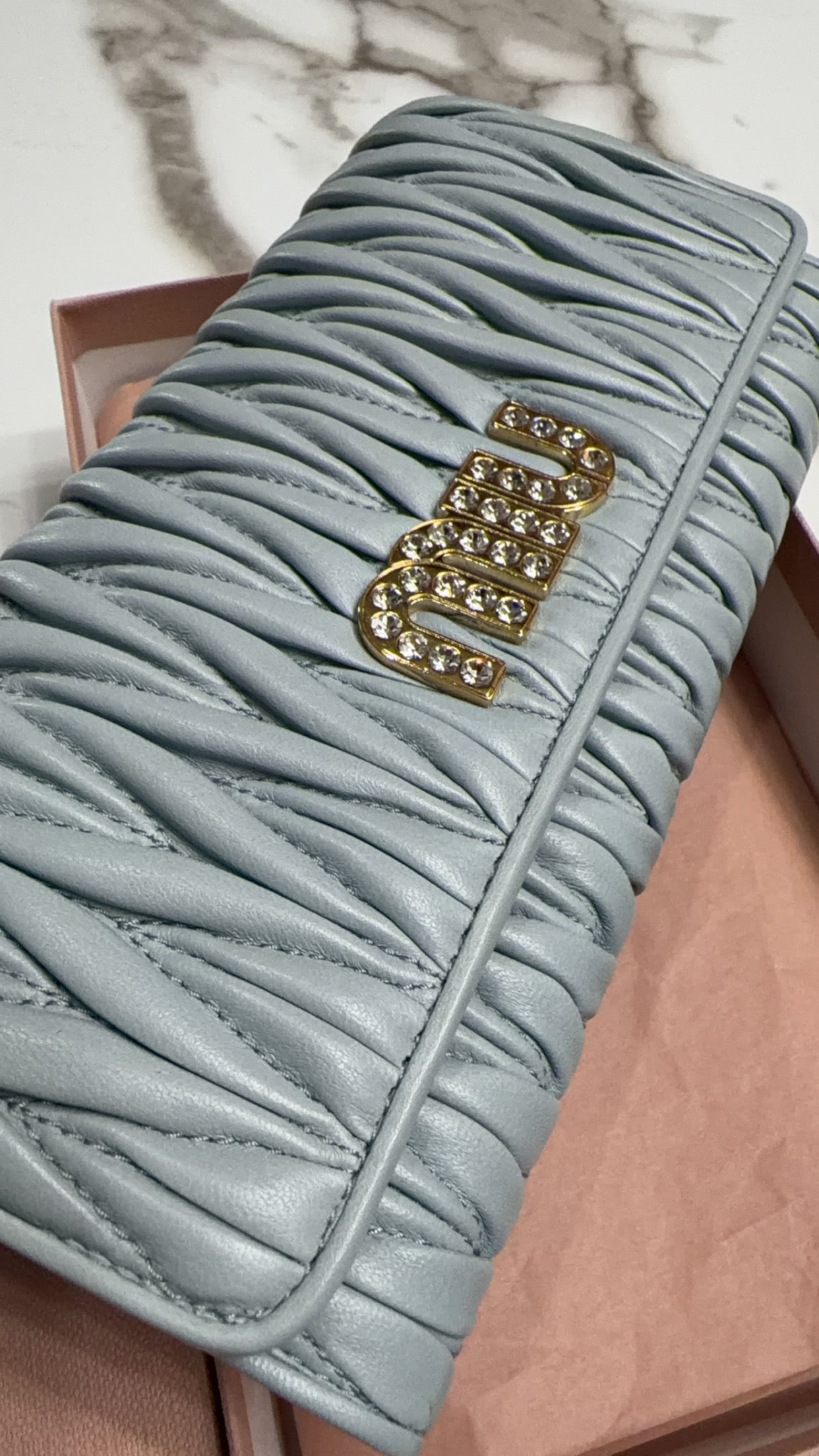 Available Miu Miu Matelasse Bifold Long Wallet Logo Leather Cielo Blue