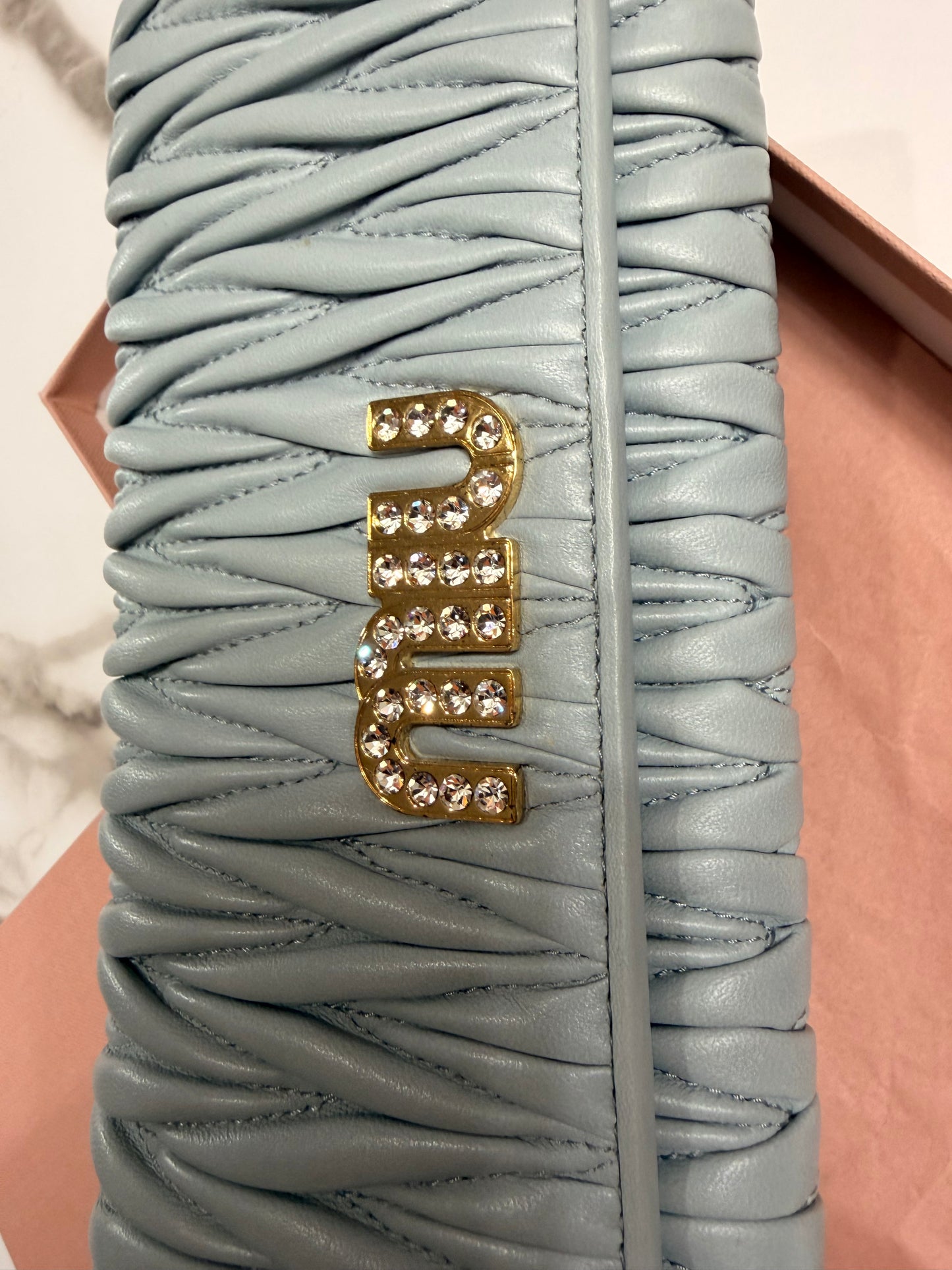 Available Miu Miu Matelasse Bifold Long Wallet Logo Leather Cielo Blue