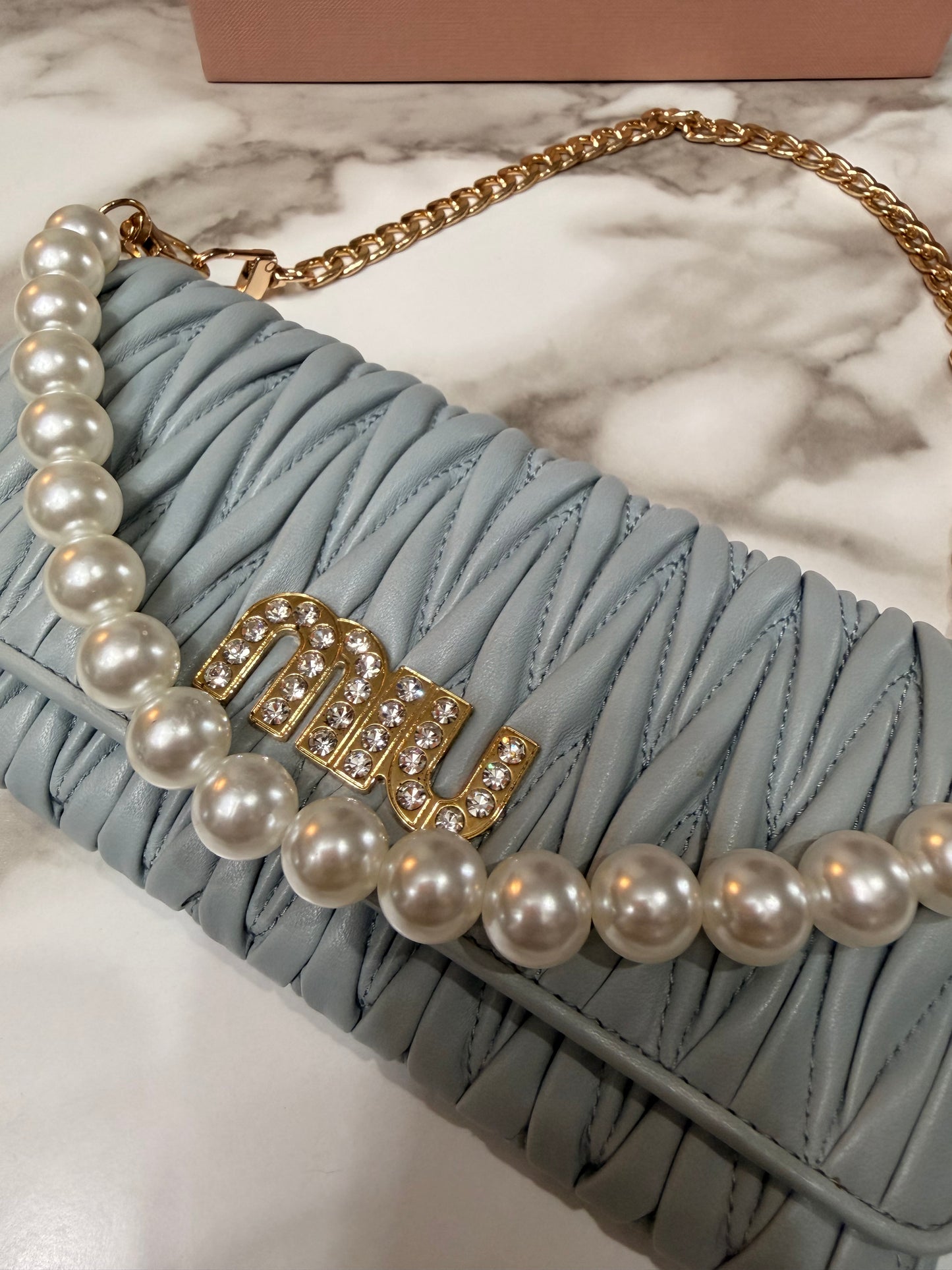 Available Miu Miu Matelasse Bifold Long Wallet Logo Leather Cielo Blue