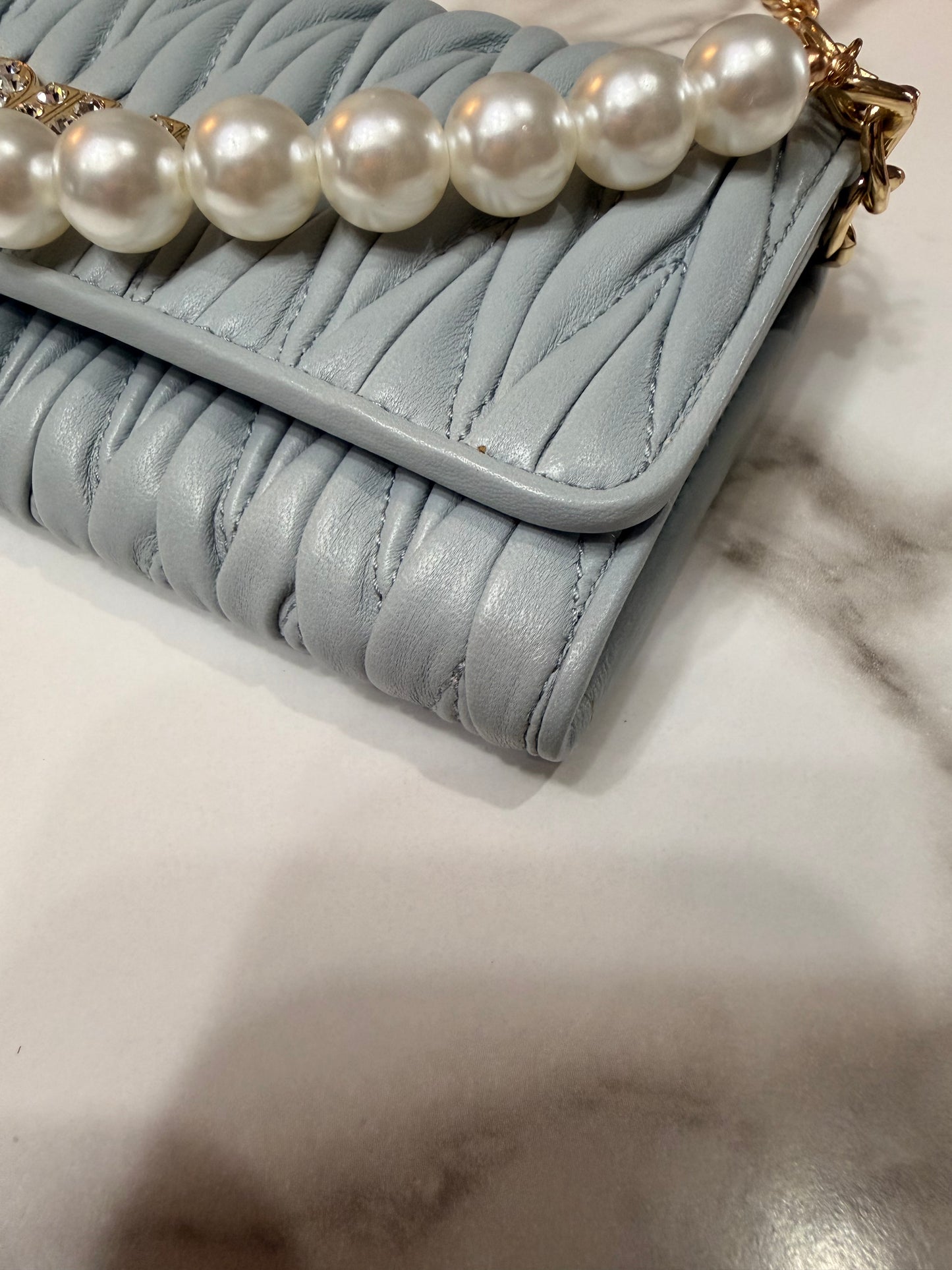Available Miu Miu Matelasse Bifold Long Wallet Logo Leather Cielo Blue