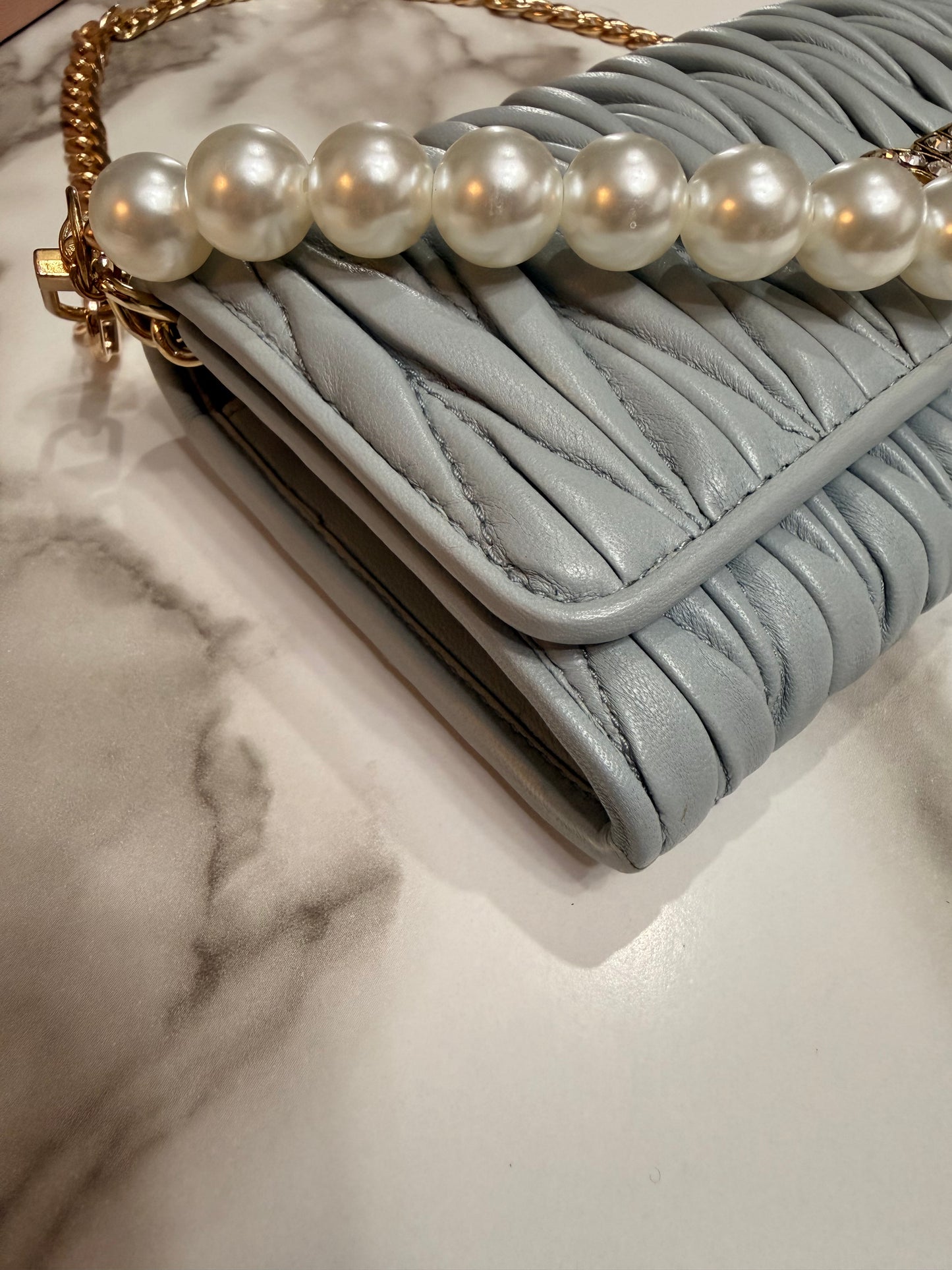 Available Miu Miu Matelasse Bifold Long Wallet Logo Leather Cielo Blue
