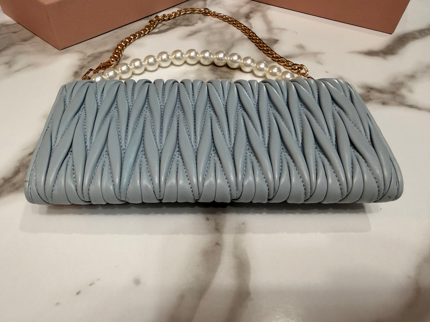 Available Miu Miu Matelasse Bifold Long Wallet Logo Leather Cielo Blue