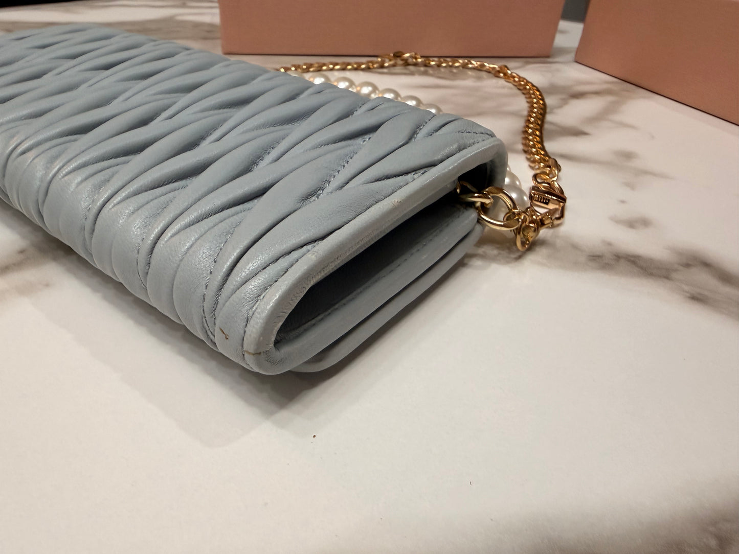 Available Miu Miu Matelasse Bifold Long Wallet Logo Leather Cielo Blue