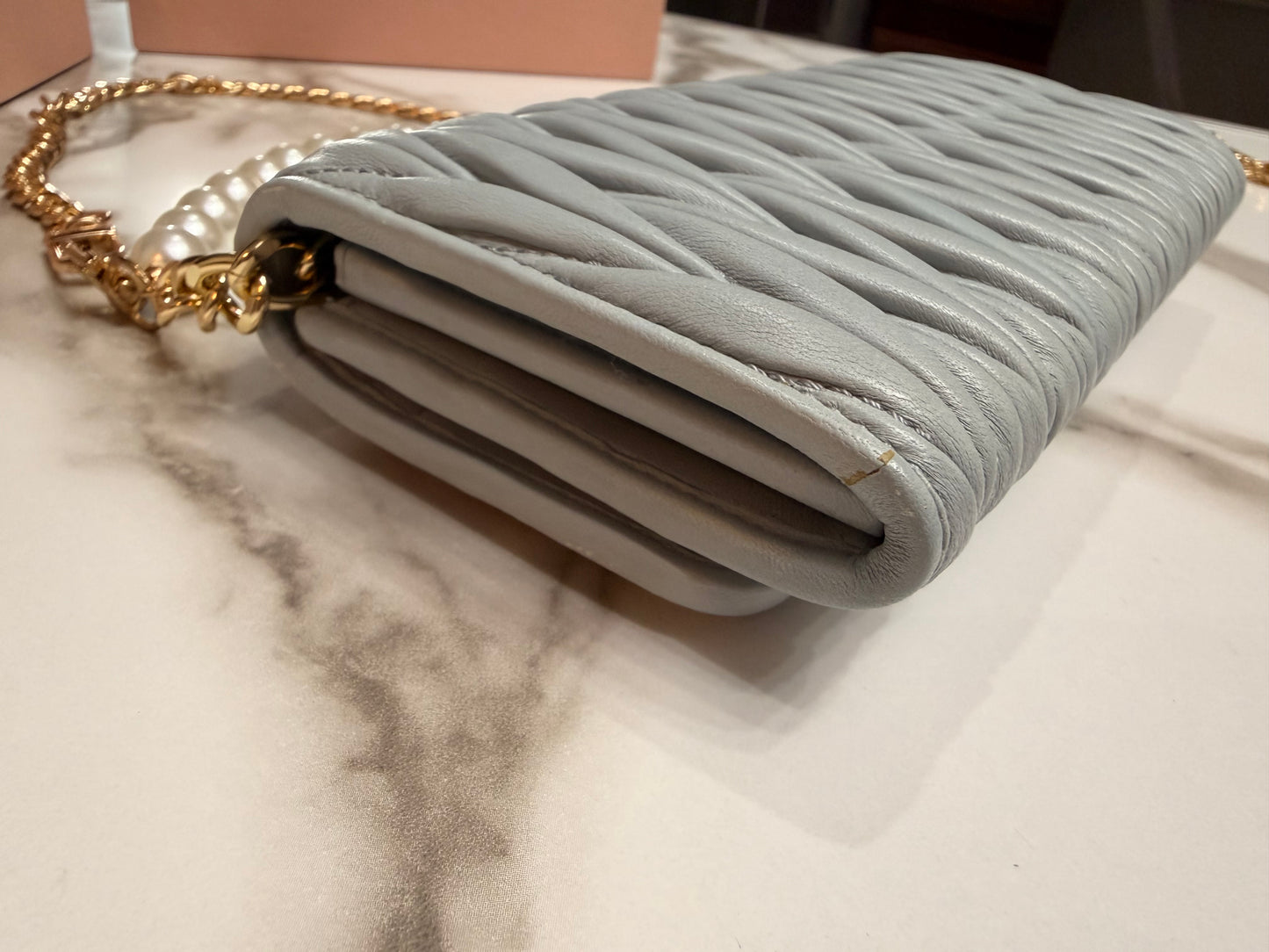 Available Miu Miu Matelasse Bifold Long Wallet Logo Leather Cielo Blue