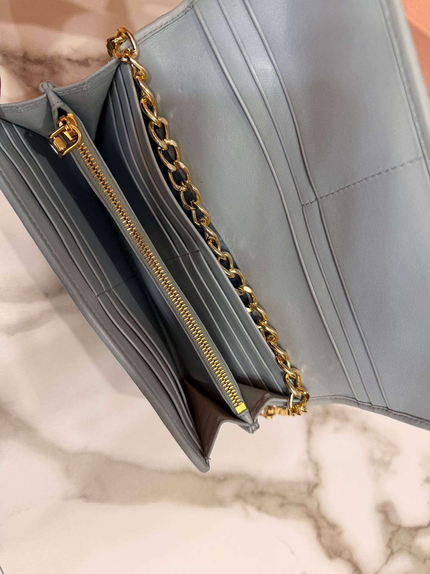 Available Miu Miu Matelasse Bifold Long Wallet Logo Leather Cielo Blue