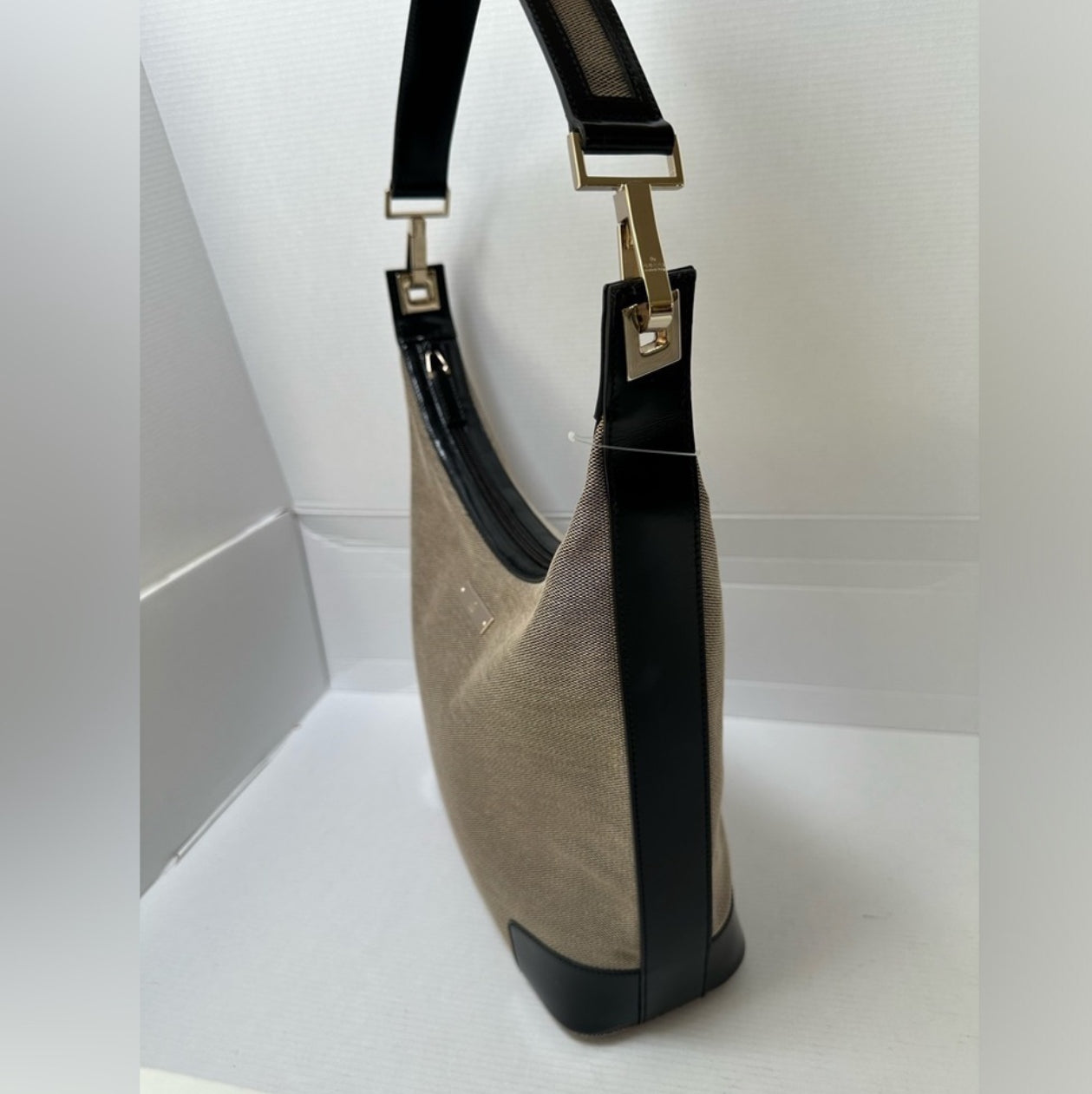 Gucci Canvas and Black Leather Hobo Shoulder Bag Vintage