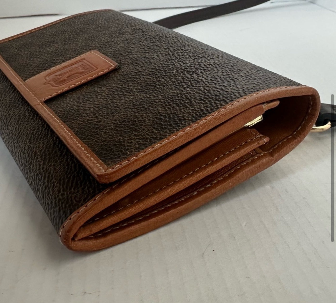 CELINE Triomphe Vintage Brown Macadam Long Bifold Leather Wallet on strap