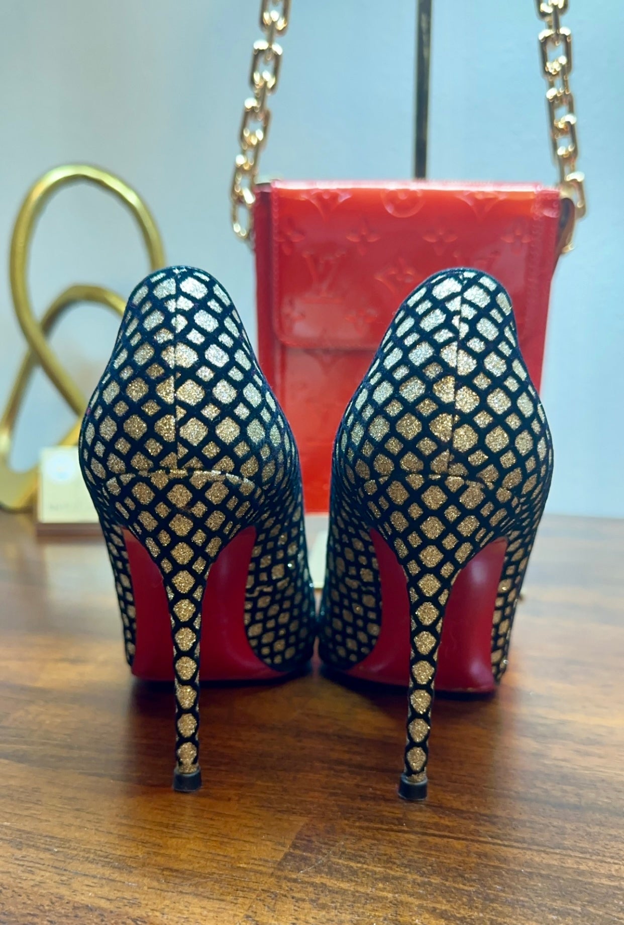 CHRISTIAN LOUBOUTIN | Geo Pump 120 Black Gold Glitter Spiked Toe Pumps Heels