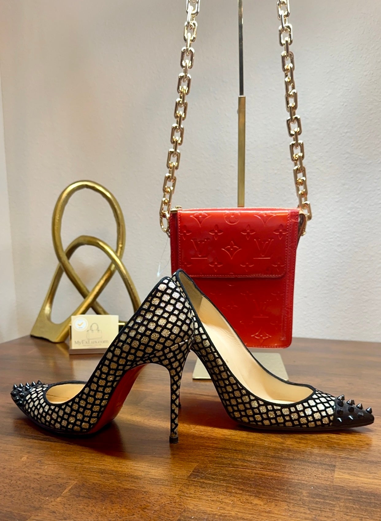 CHRISTIAN LOUBOUTIN | Geo Pump 120 Black Gold Glitter Spiked Toe Pumps Heels