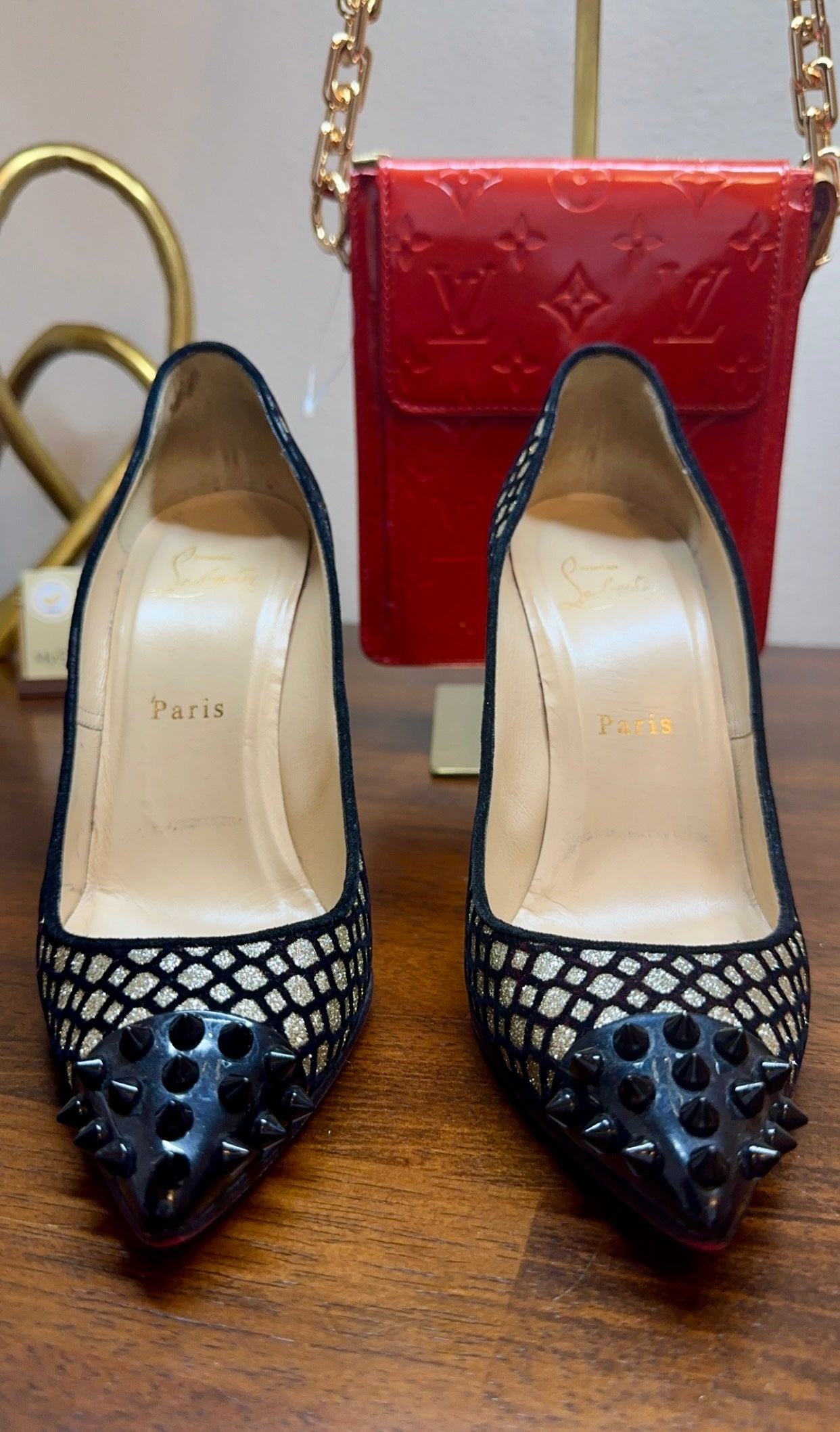 CHRISTIAN LOUBOUTIN | Geo Pump 120 Black Gold Glitter Spiked Toe Pumps Heels