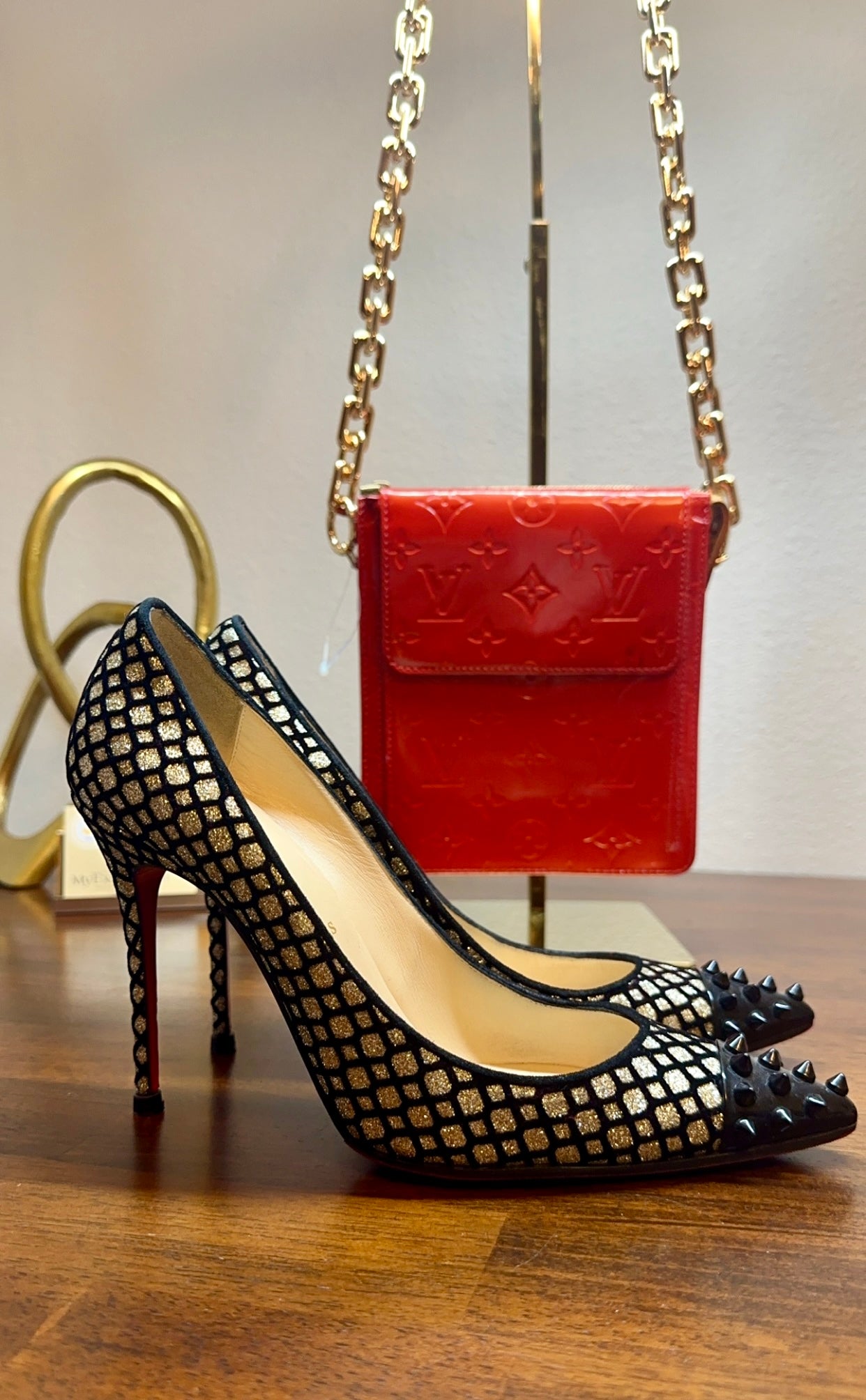 CHRISTIAN LOUBOUTIN | Geo Pump 120 Black Gold Glitter Spiked Toe Pumps Heels