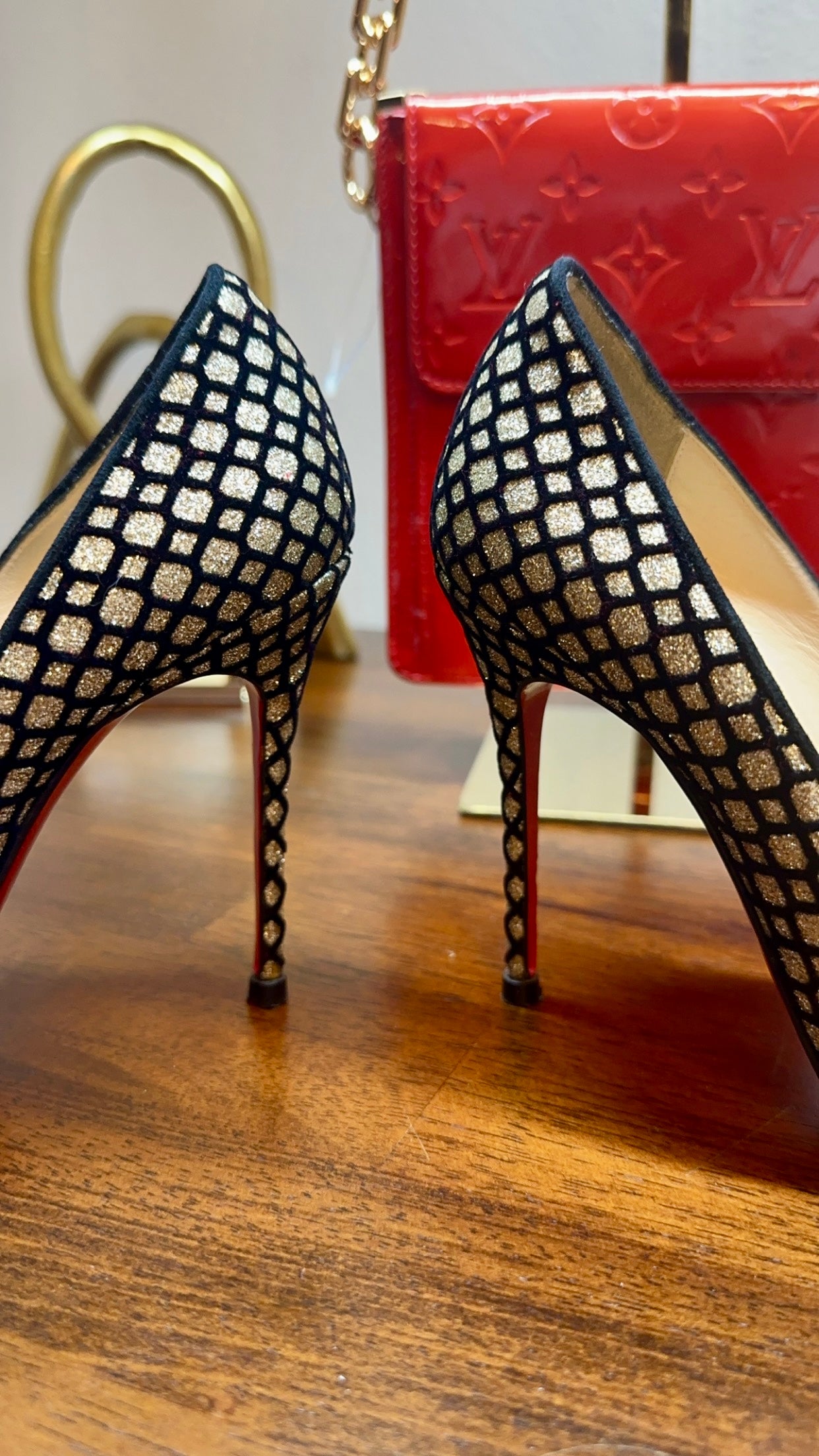 CHRISTIAN LOUBOUTIN | Geo Pump 120 Black Gold Glitter Spiked Toe Pumps Heels