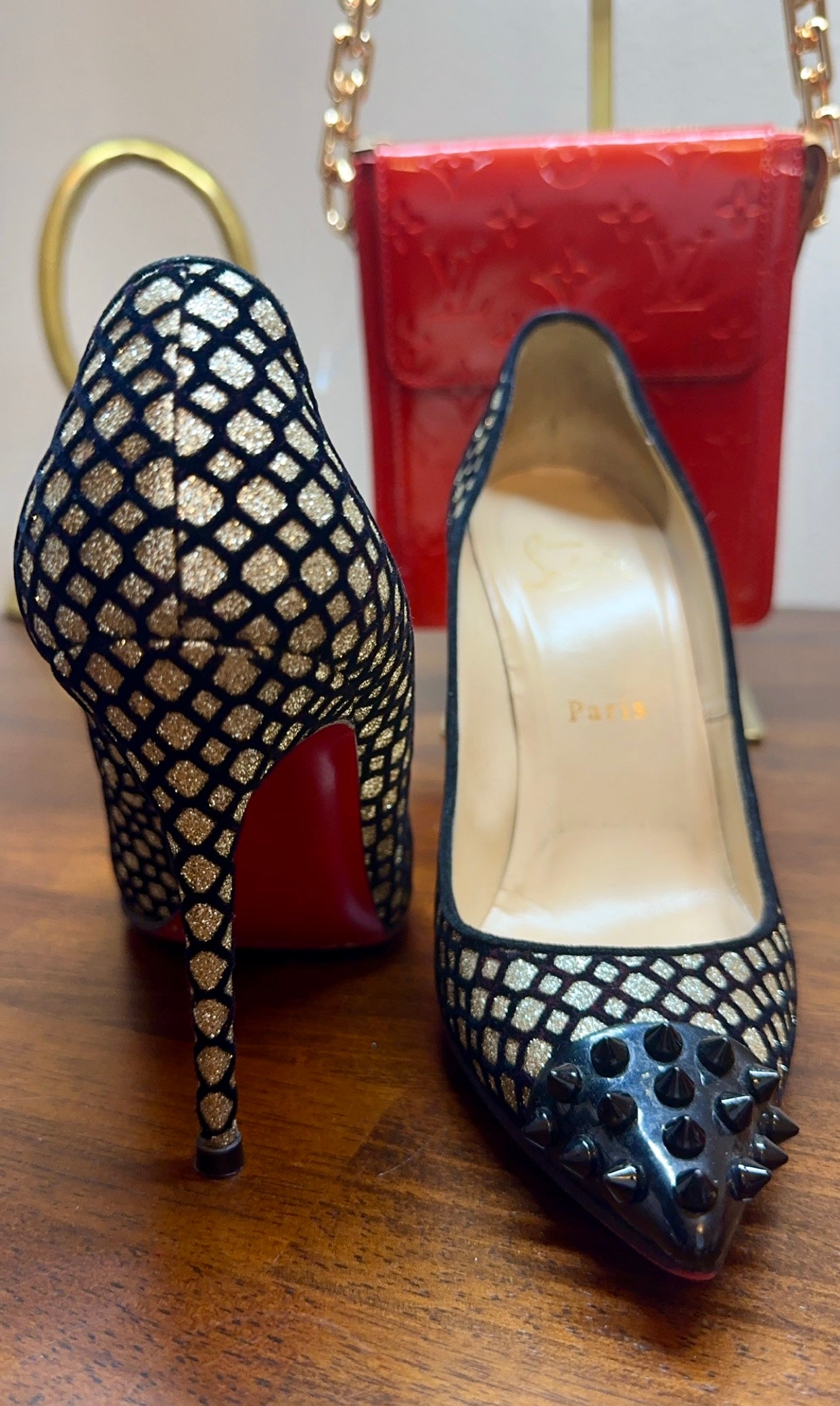 CHRISTIAN LOUBOUTIN | Geo Pump 120 Black Gold Glitter Spiked Toe Pumps Heels