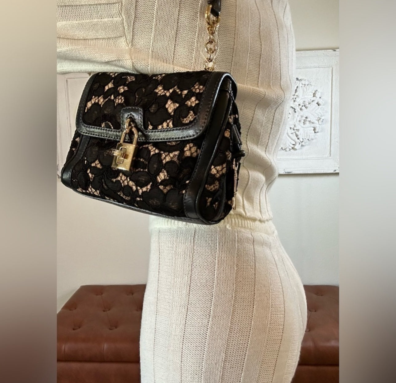 Dolce & Gabbana Black/Beige Lace and Leather Miss Dolce Top Handle Bag SMALL