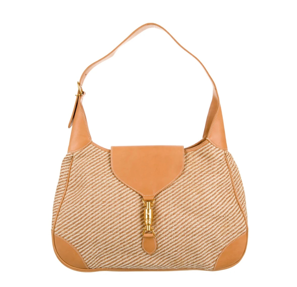 Gucci raffia jackie hobo bag with piston lock closure. Large