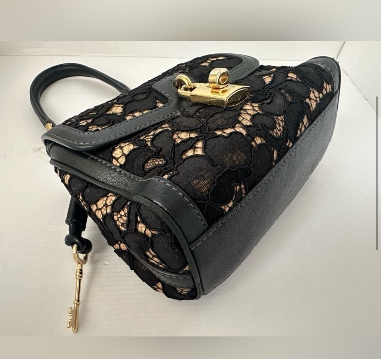 Dolce & Gabbana Black/Beige Lace and Leather Miss Dolce Top Handle Bag SMALL