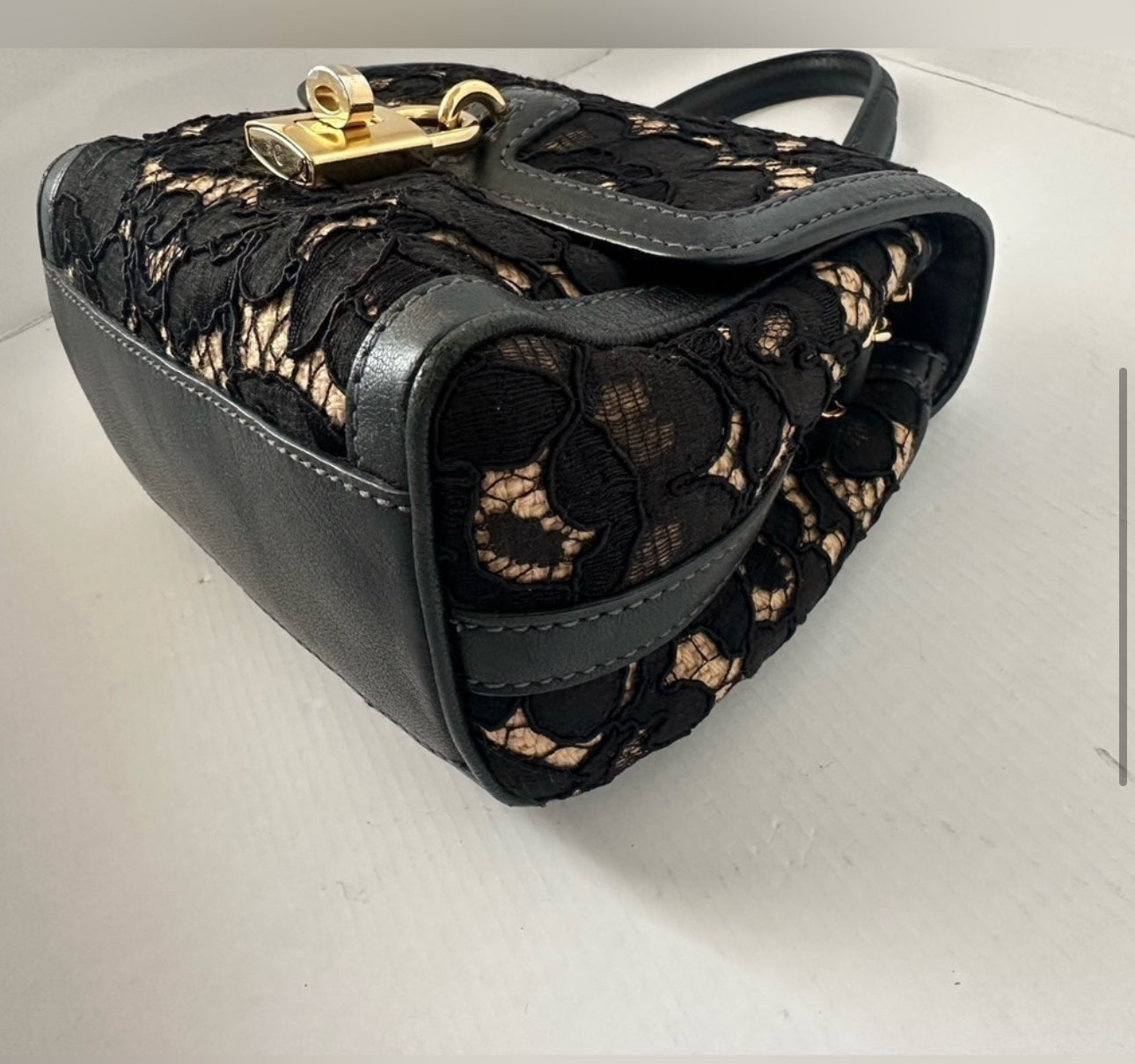 Dolce & Gabbana Black/Beige Lace and Leather Miss Dolce Top Handle Bag SMALL