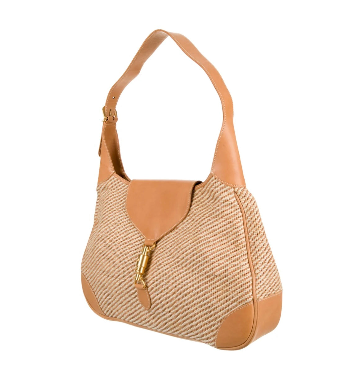 Gucci raffia jackie hobo bag with piston lock closure. Large