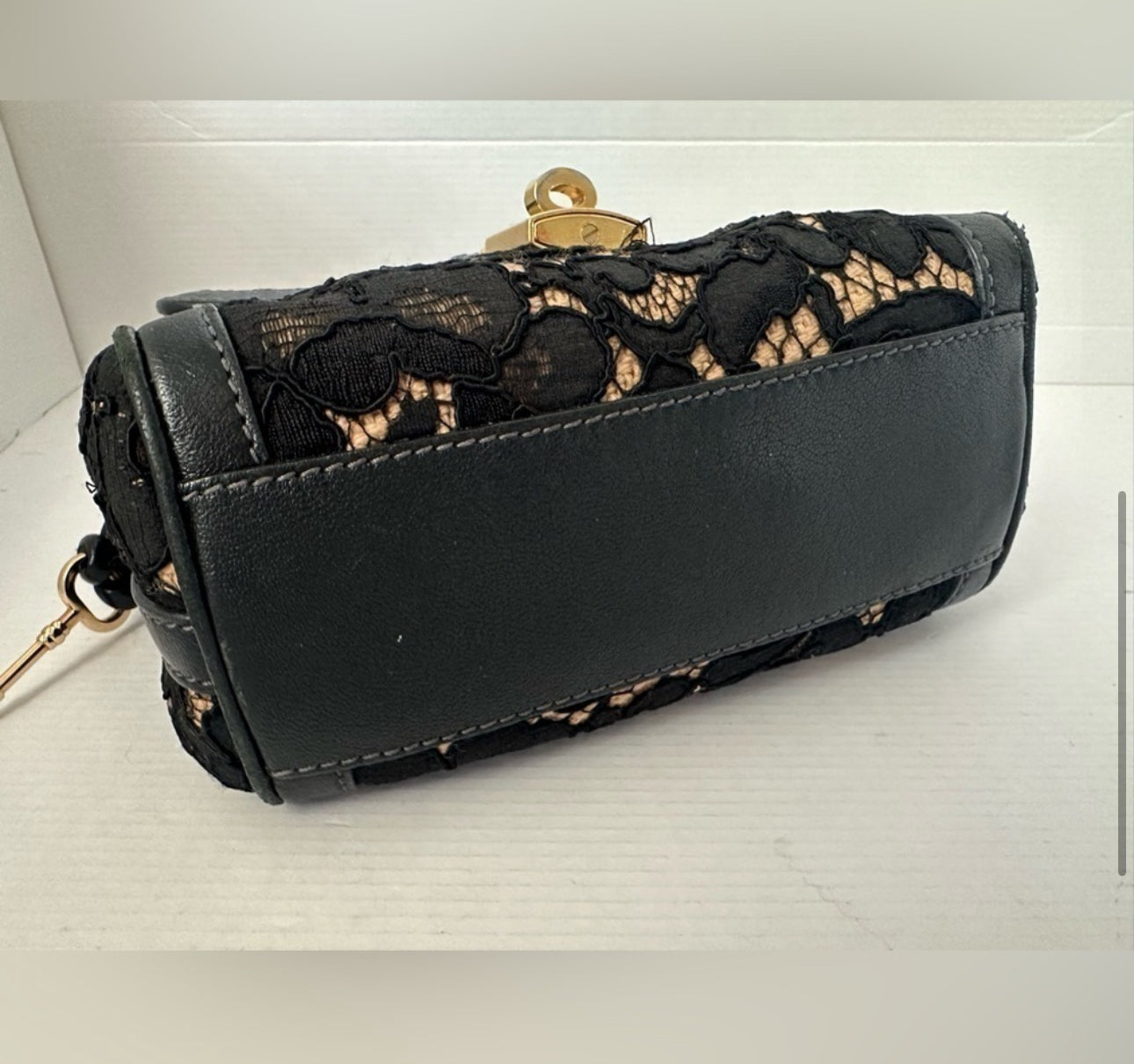 Dolce & Gabbana Black/Beige Lace and Leather Miss Dolce Top Handle Bag SMALL