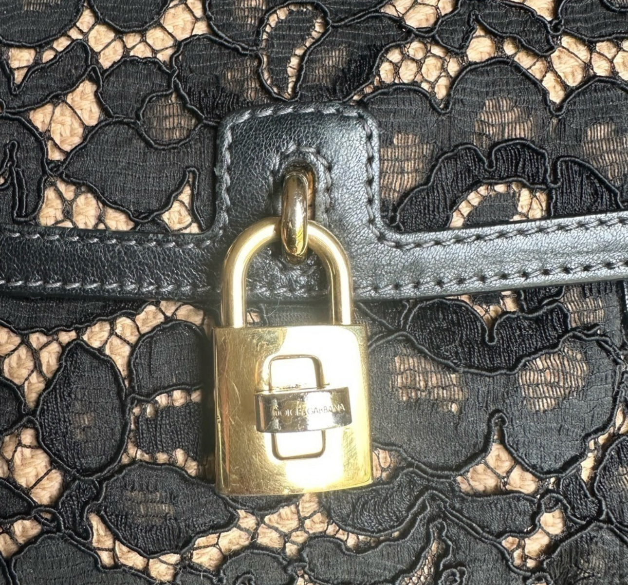 Dolce & Gabbana Black/Beige Lace and Leather Miss Dolce Top Handle Bag SMALL