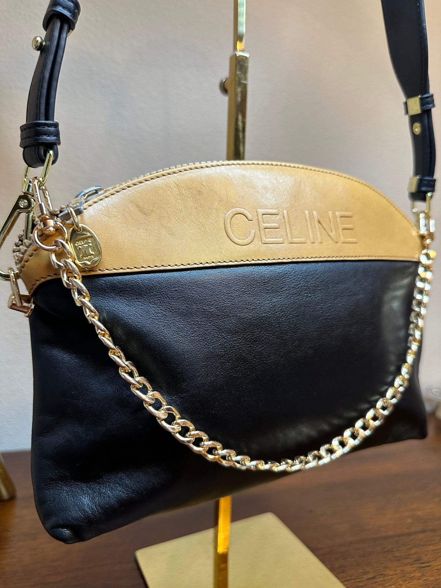 Vintage Celine leather clutch ~ black/tan