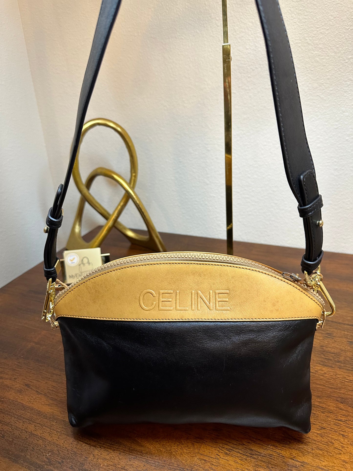 Vintage Celine leather clutch ~ black/tan