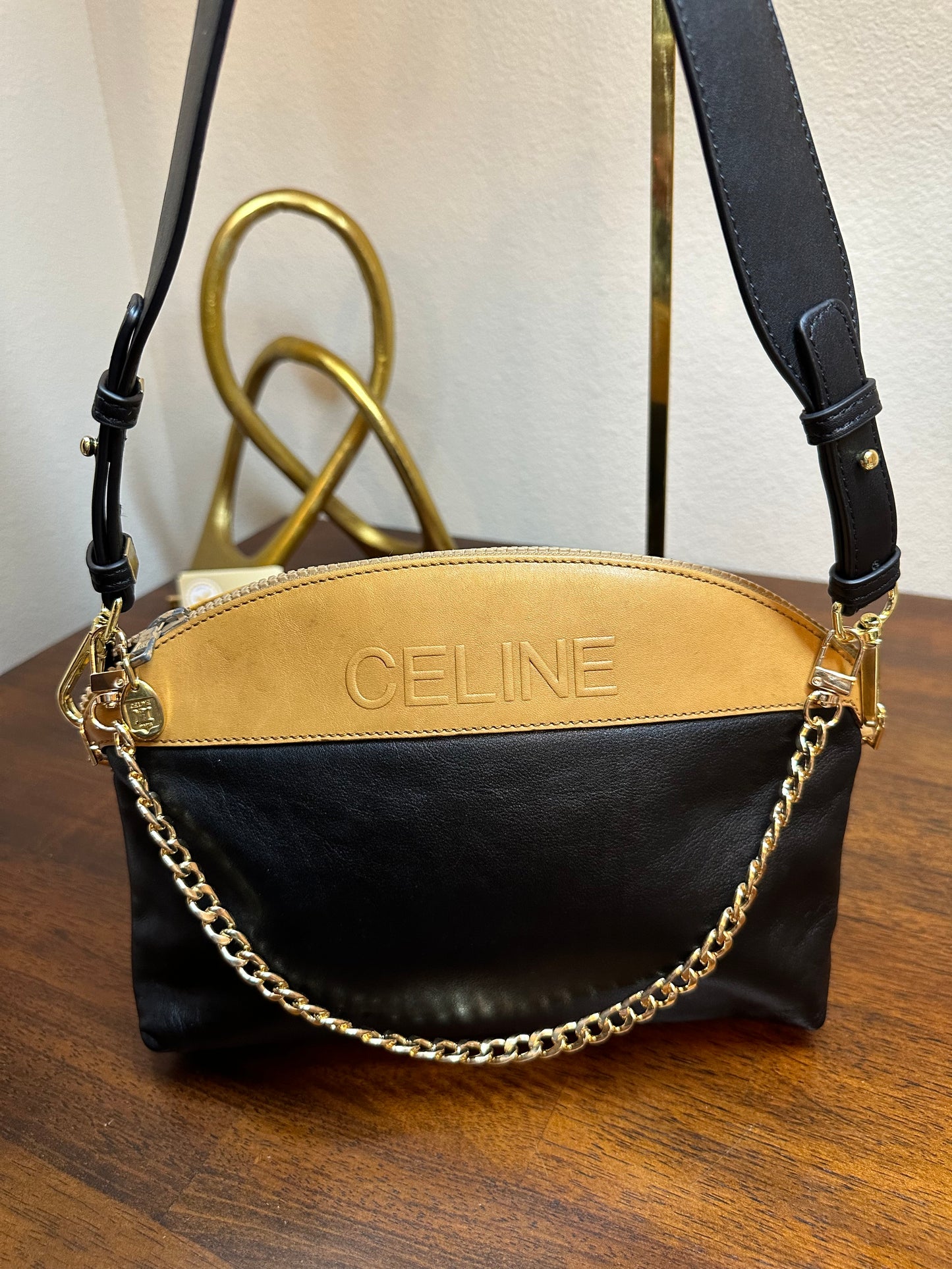 Vintage Celine leather clutch ~ black/tan